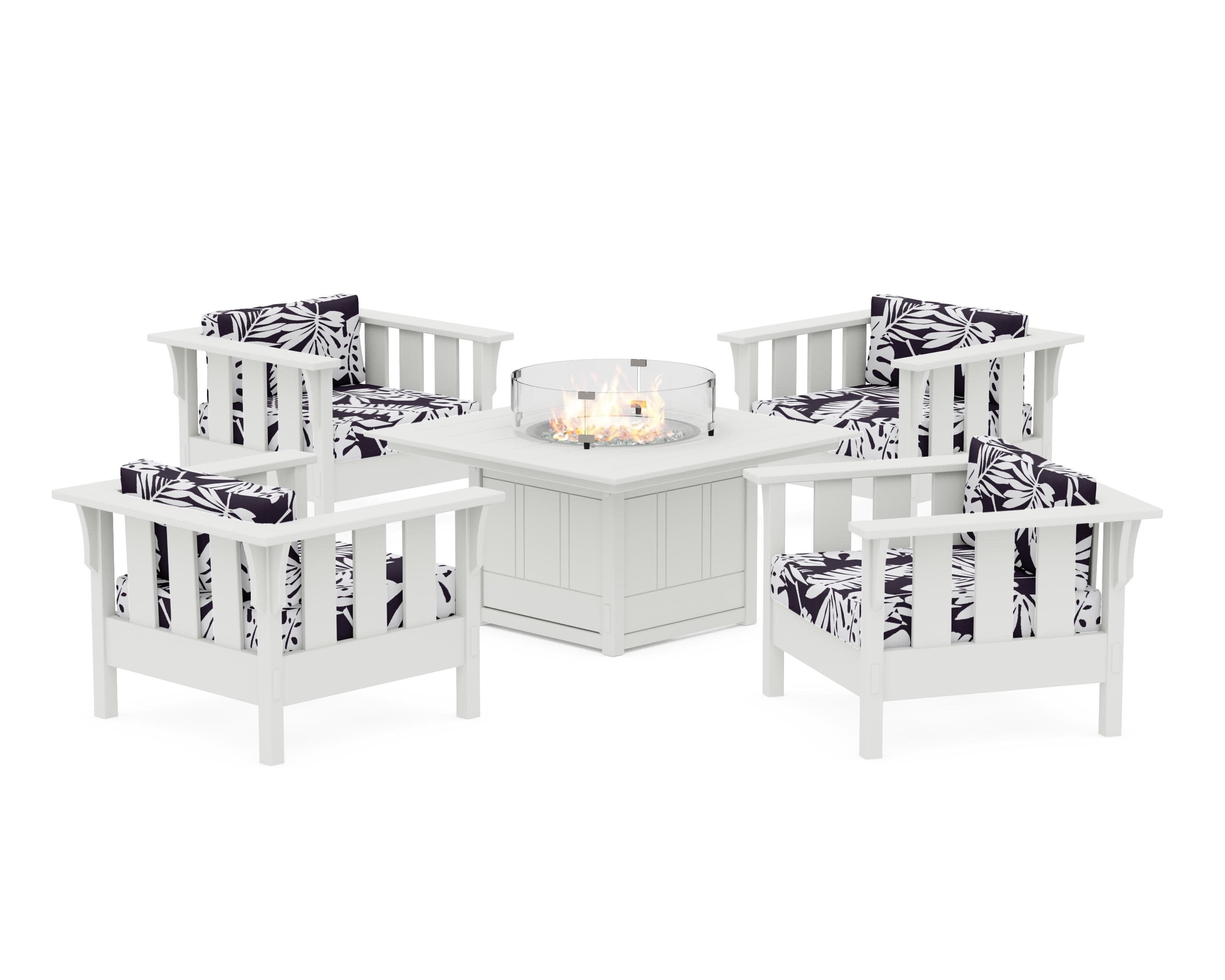Acadia 5-Piece Deep Seating Set with Fire Pit Table in White / Leaf Navy