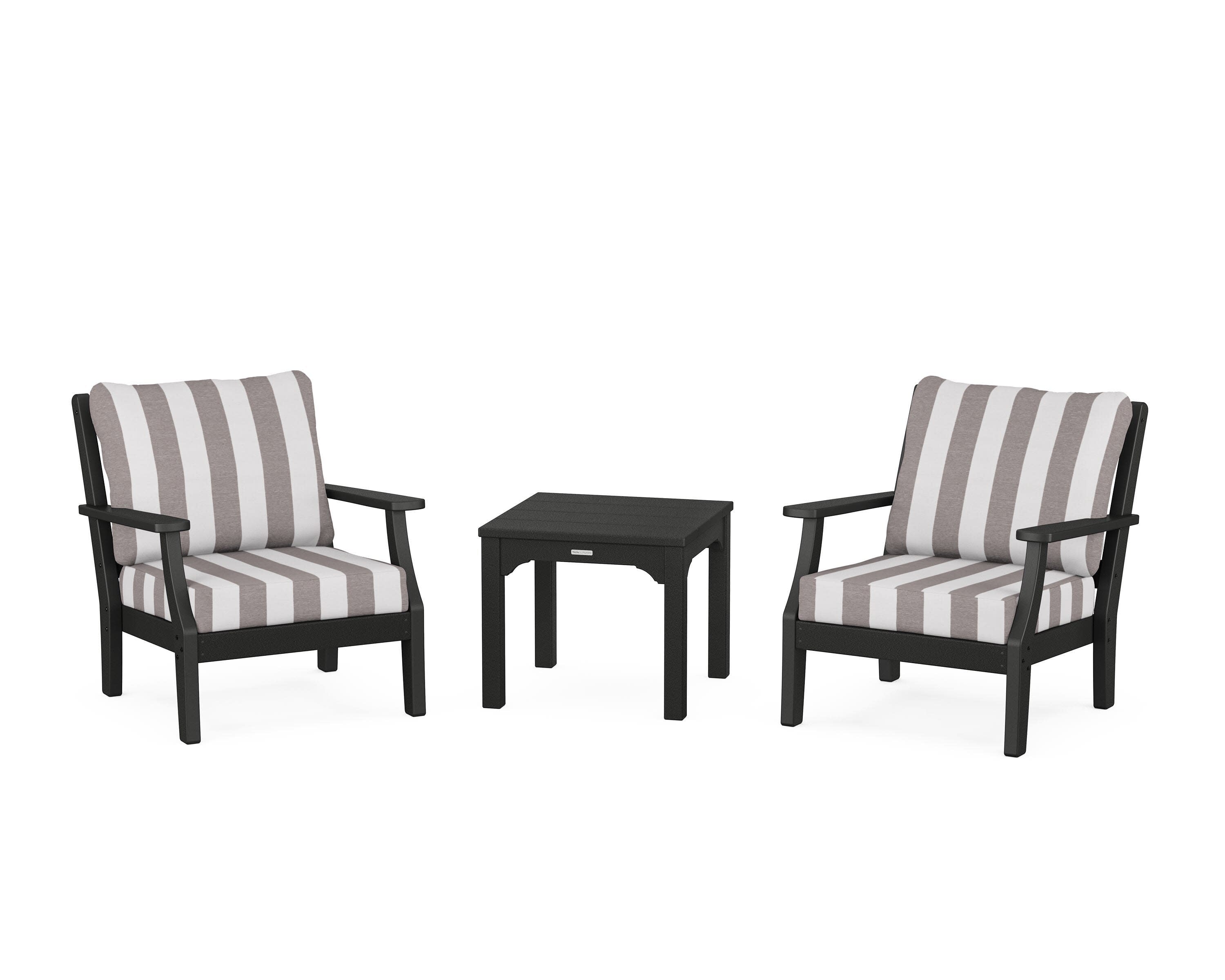 Chinoiserie 3-Piece Deep Seating Set in Black / Cabana Stripe Grey Mist