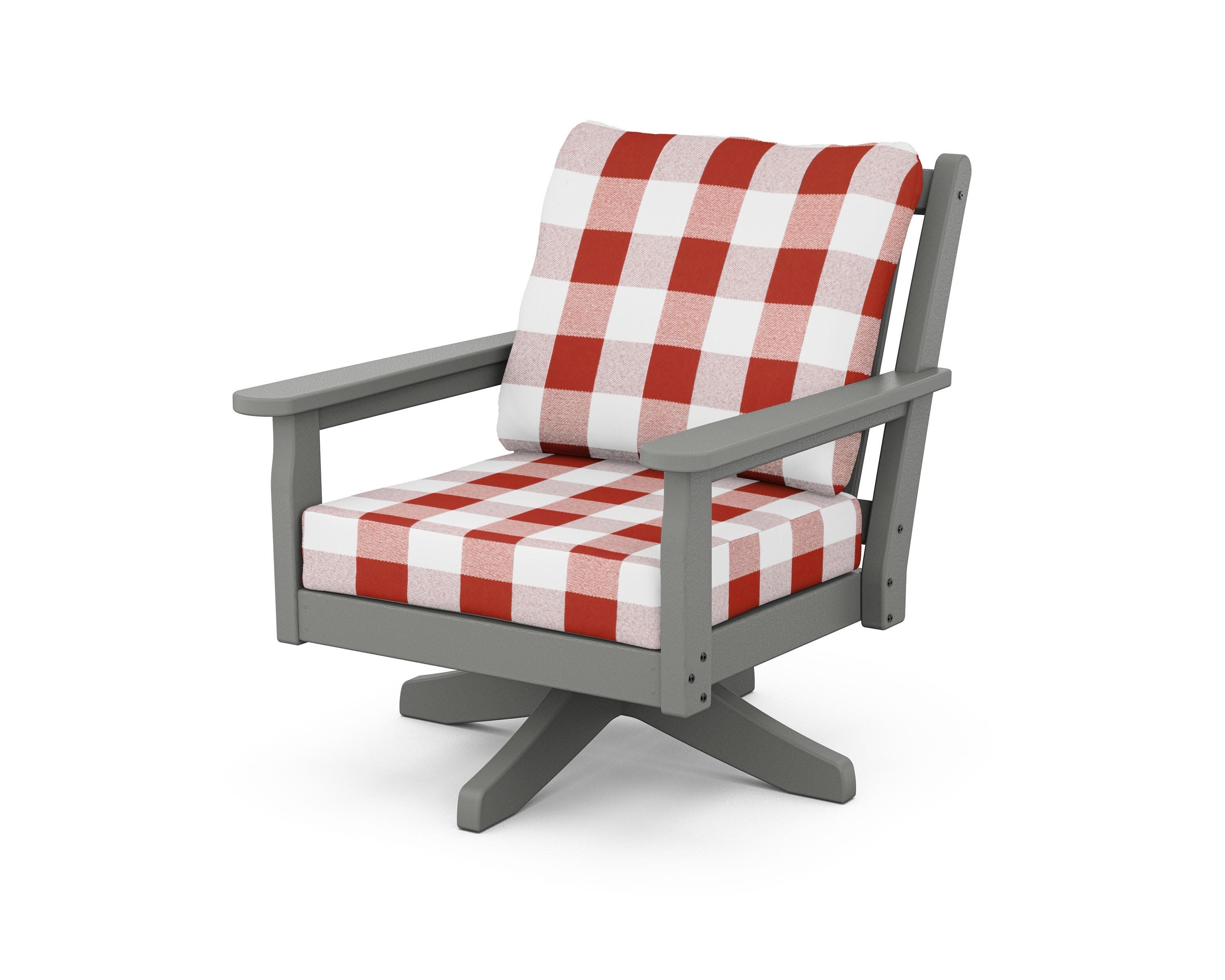 Chippendale Deep Seating Swivel Chair in Slate Grey / Buffalo Plaid Crimson