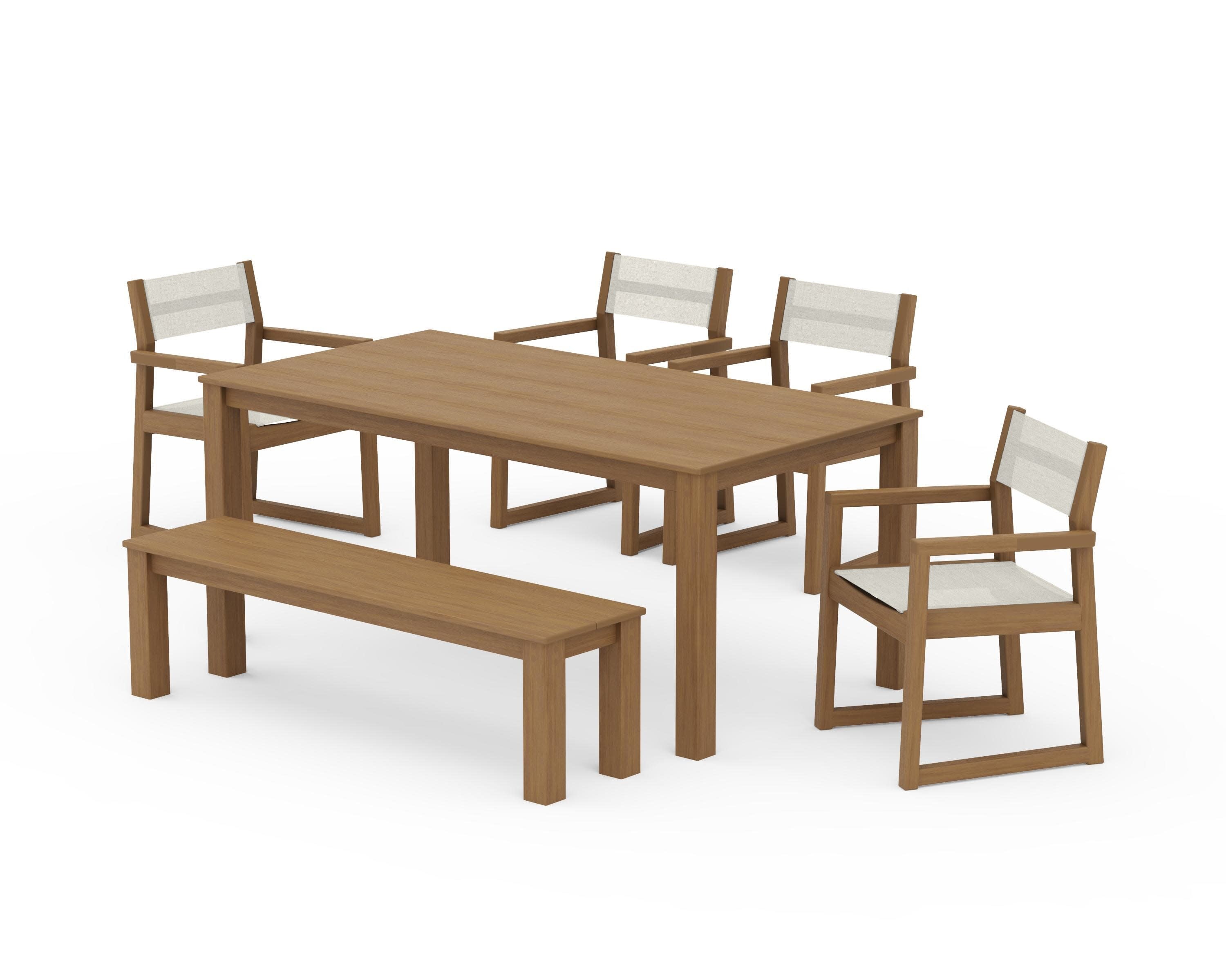 EDGE Sling Arm Chair 6-Piece Parsons Dining Set with Bench in Natural / Parchment Sling