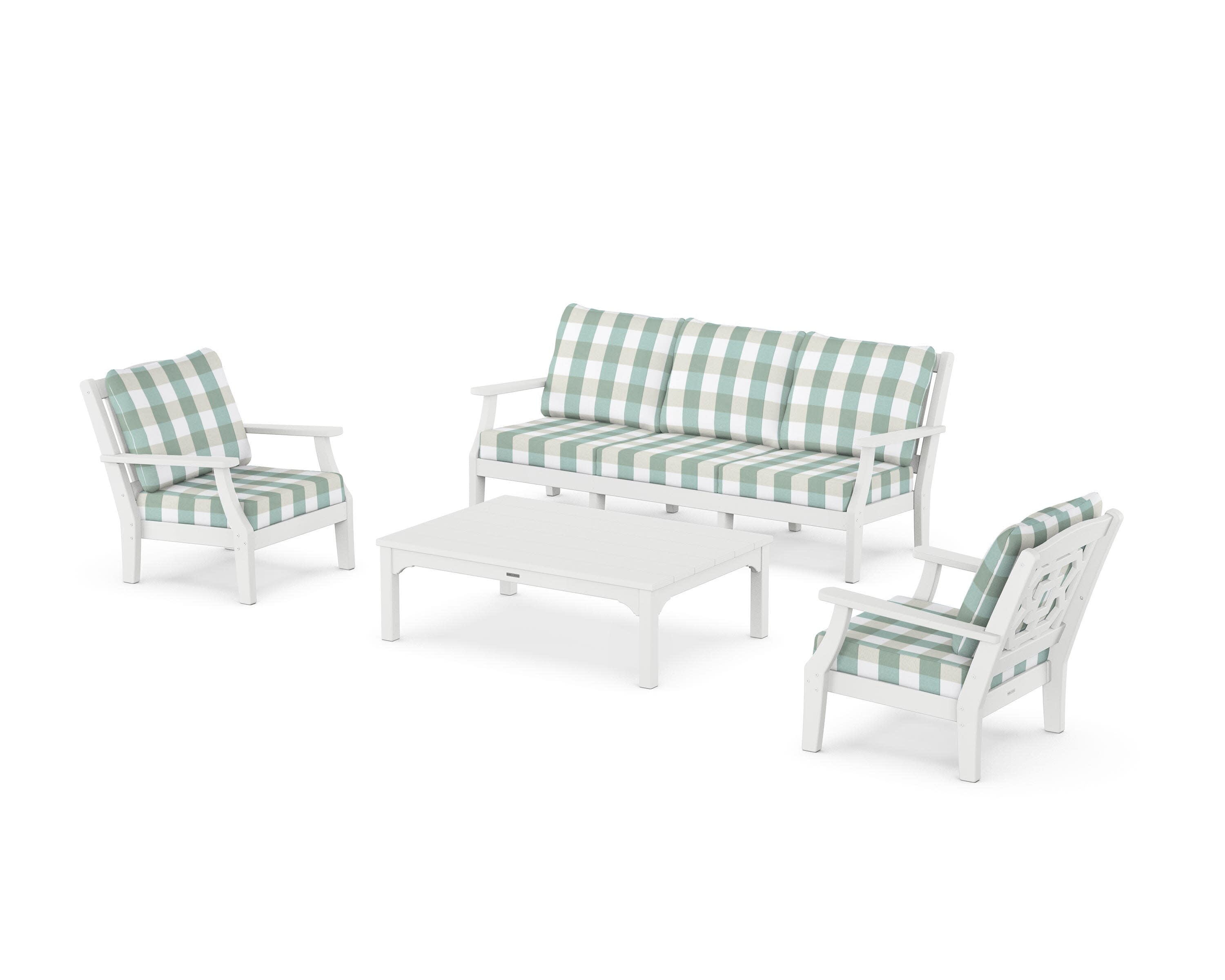 Chinoiserie 4-Piece Deep Seating Set with Sofa in White / Buffalo Plaid Glacier Spa