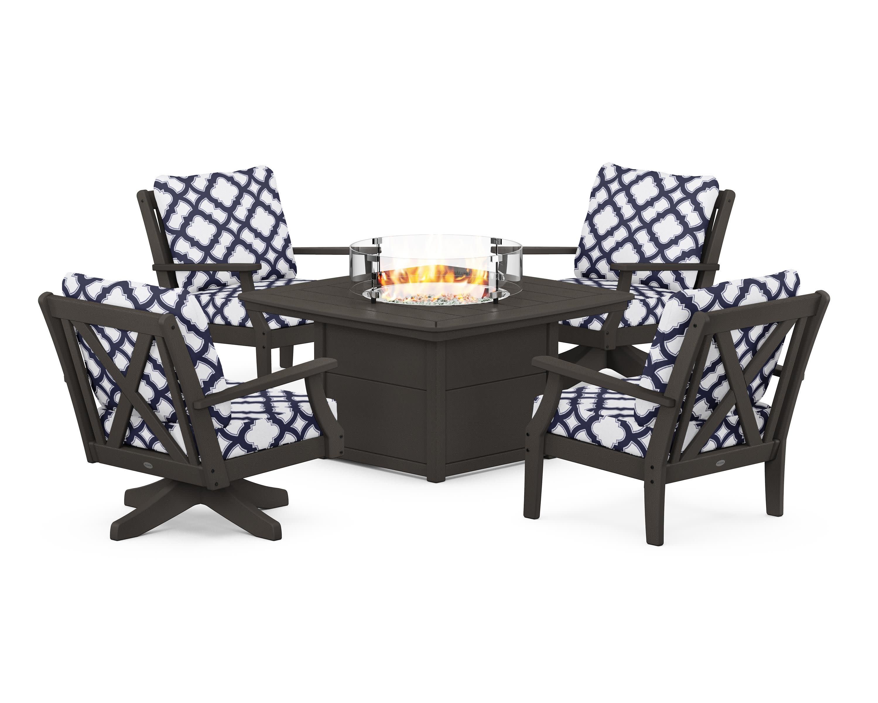 Braxton 5-Piece Deep Seating Set with Fire Table in Vintage Coffee / Trellis Navy