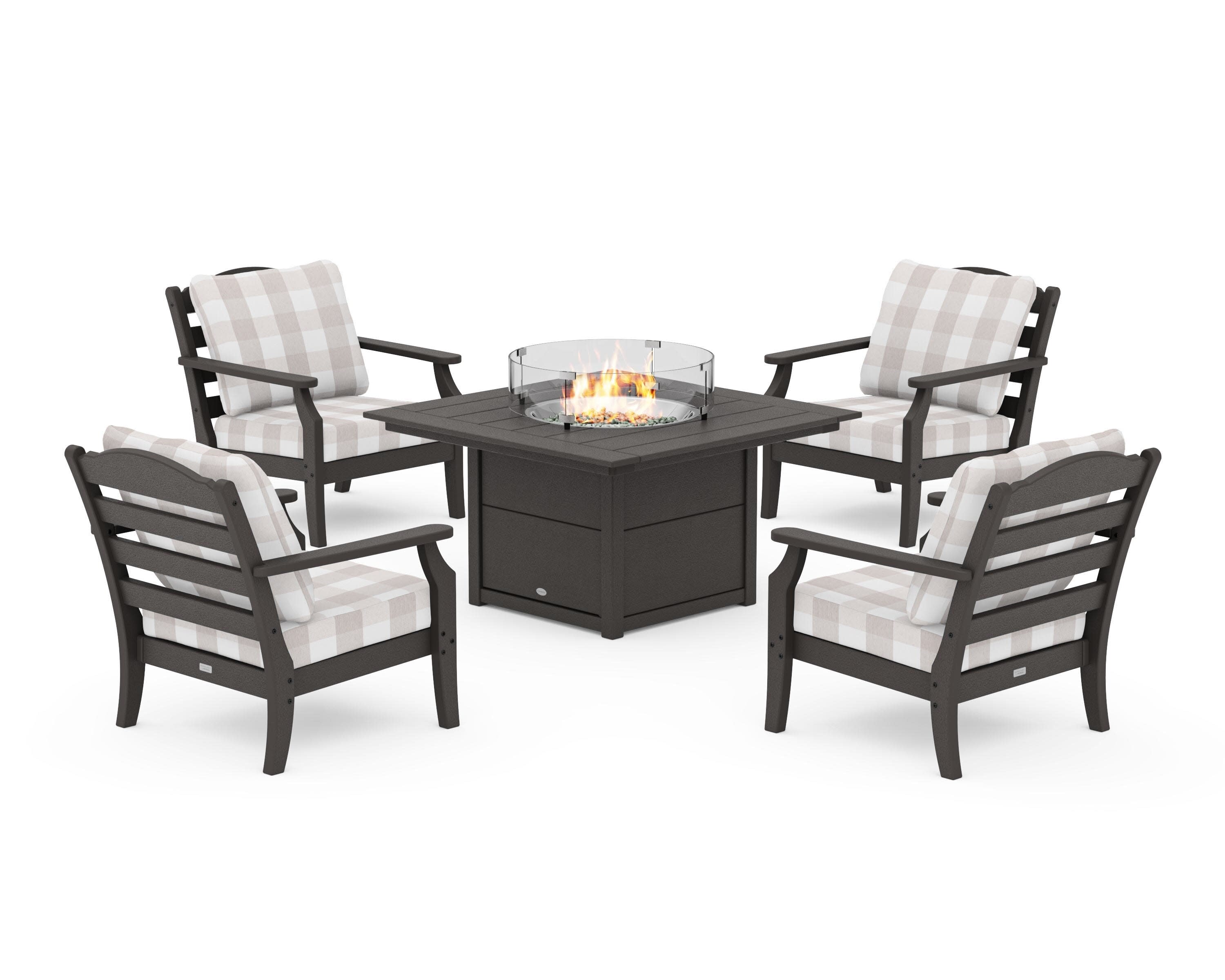 Savannah 5-Piece Deep Seating Set with Fire Pit Table in Vintage Coffee / Buffalo Plaid Dune Burlap