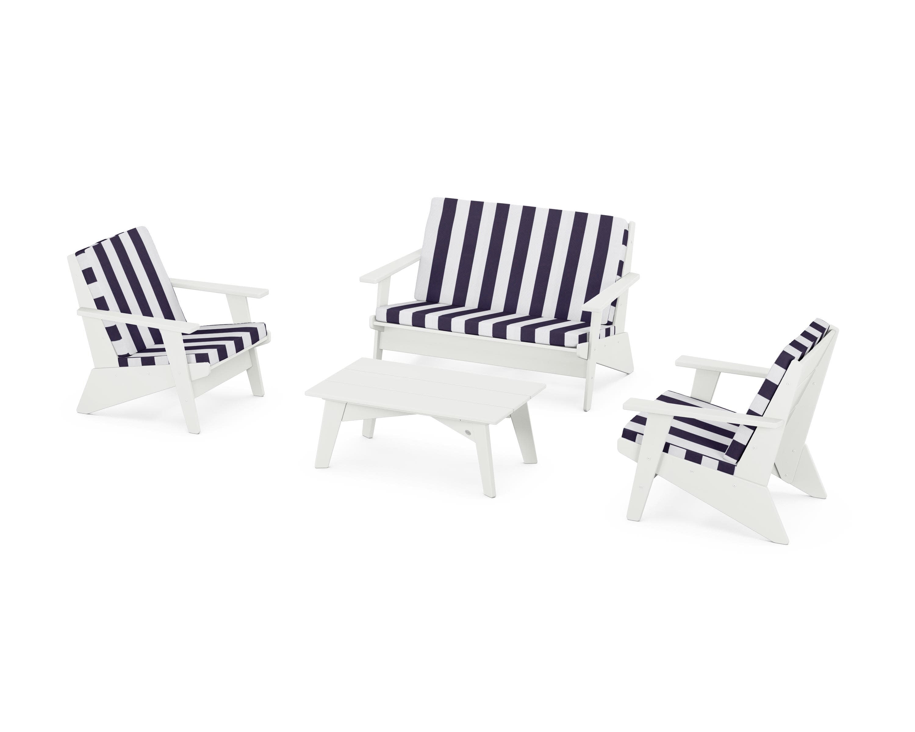 Riviera Modern Lounge 4-Piece Set in Vintage White / Cabana Stripe Navy