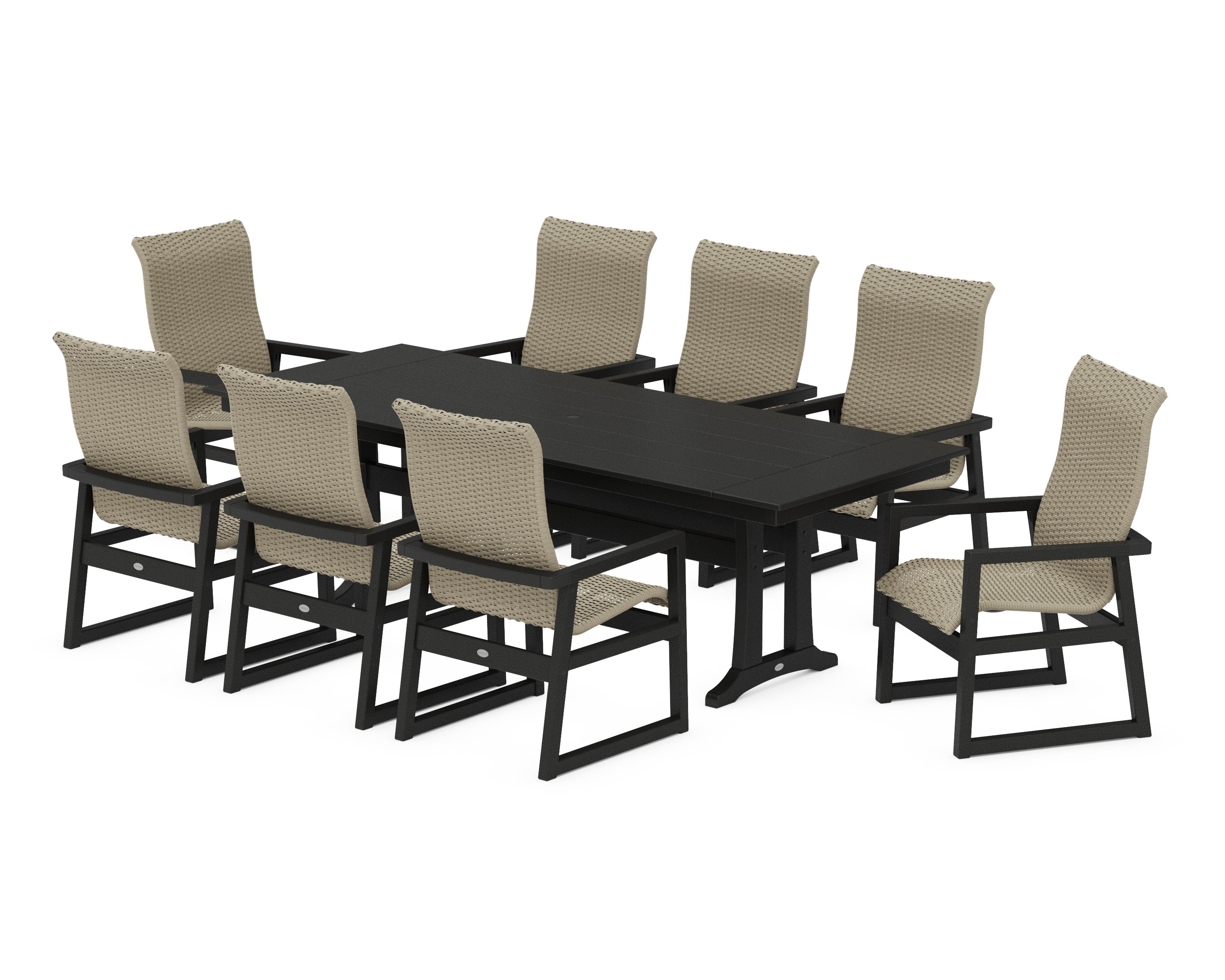 EDGE Woven Highback 9-Piece Farmhouse Dining Set with Trestle Legs in Black / Dune Grass