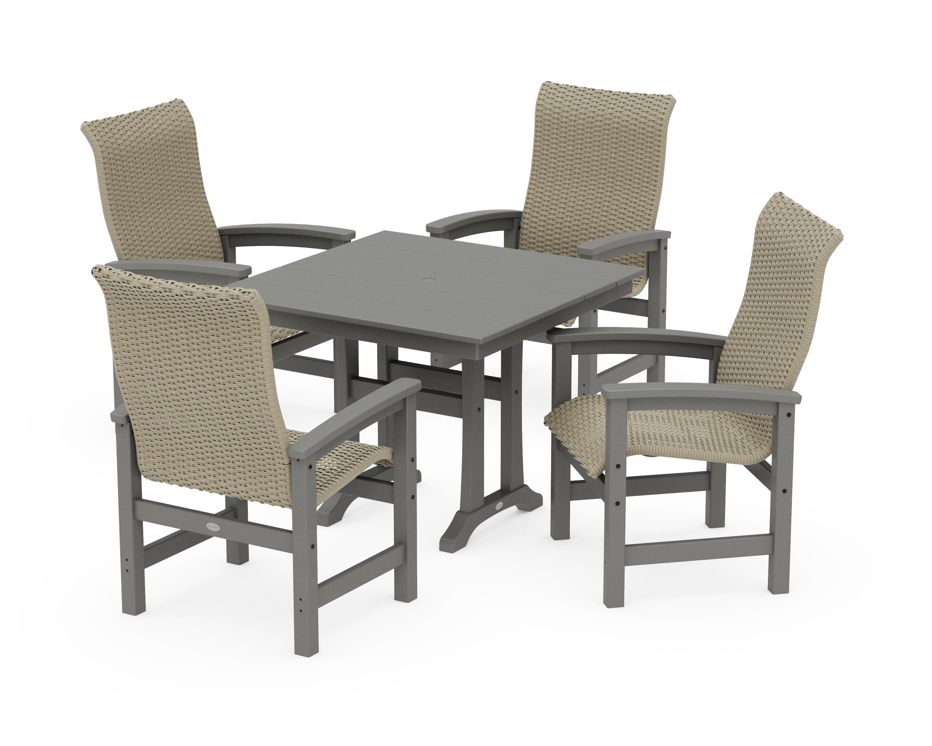 Coastal Woven High-Back 5-Piece Farmhouse Dining Set with Trestle Legs