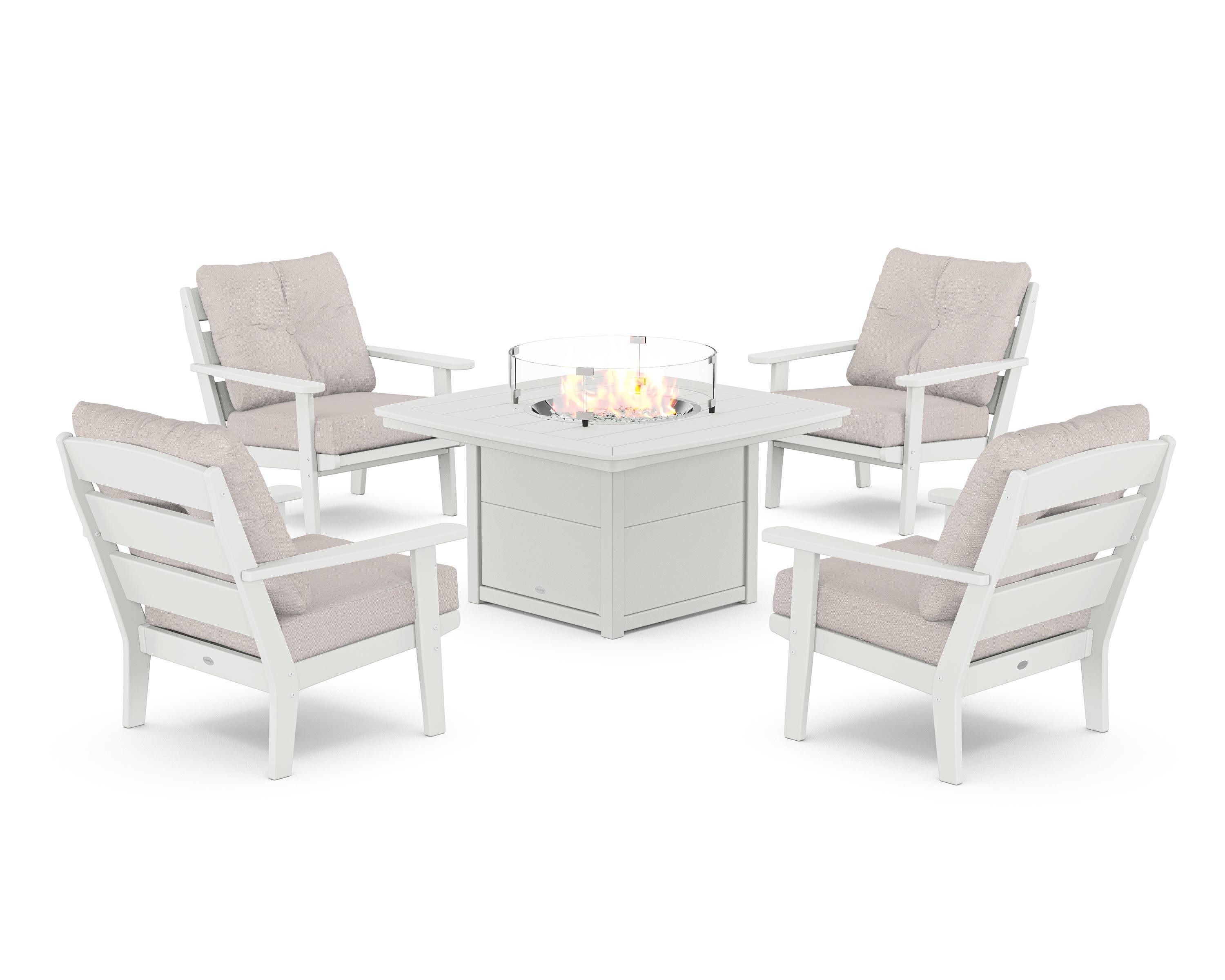Lakeside 5-Piece Deep Seating Set with Nautical Fire Pit Table in White / Dune Burlap