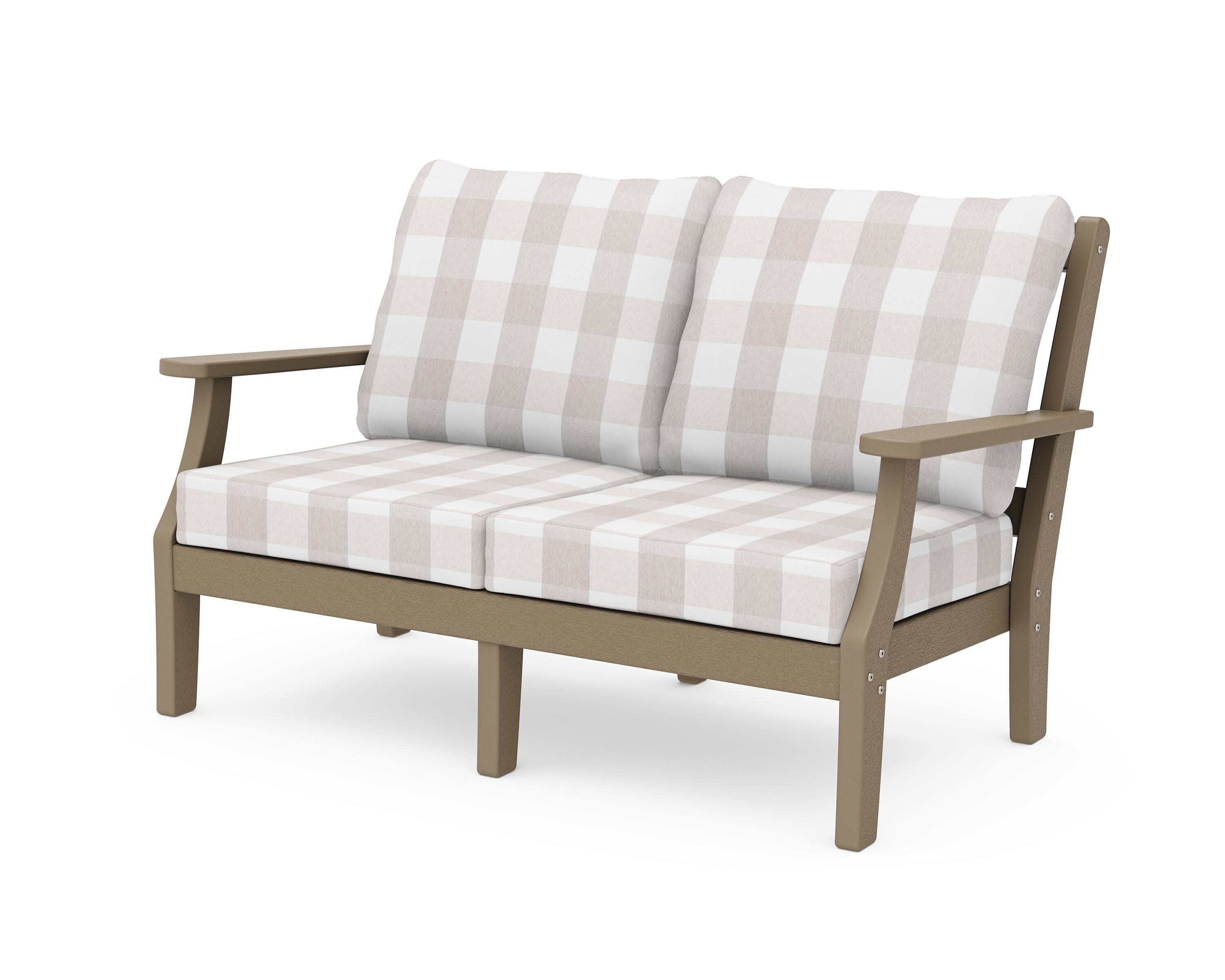 Chinoiserie Deep Seating Loveseat in Vintage Sahara / Buffalo Plaid Dune Burlap