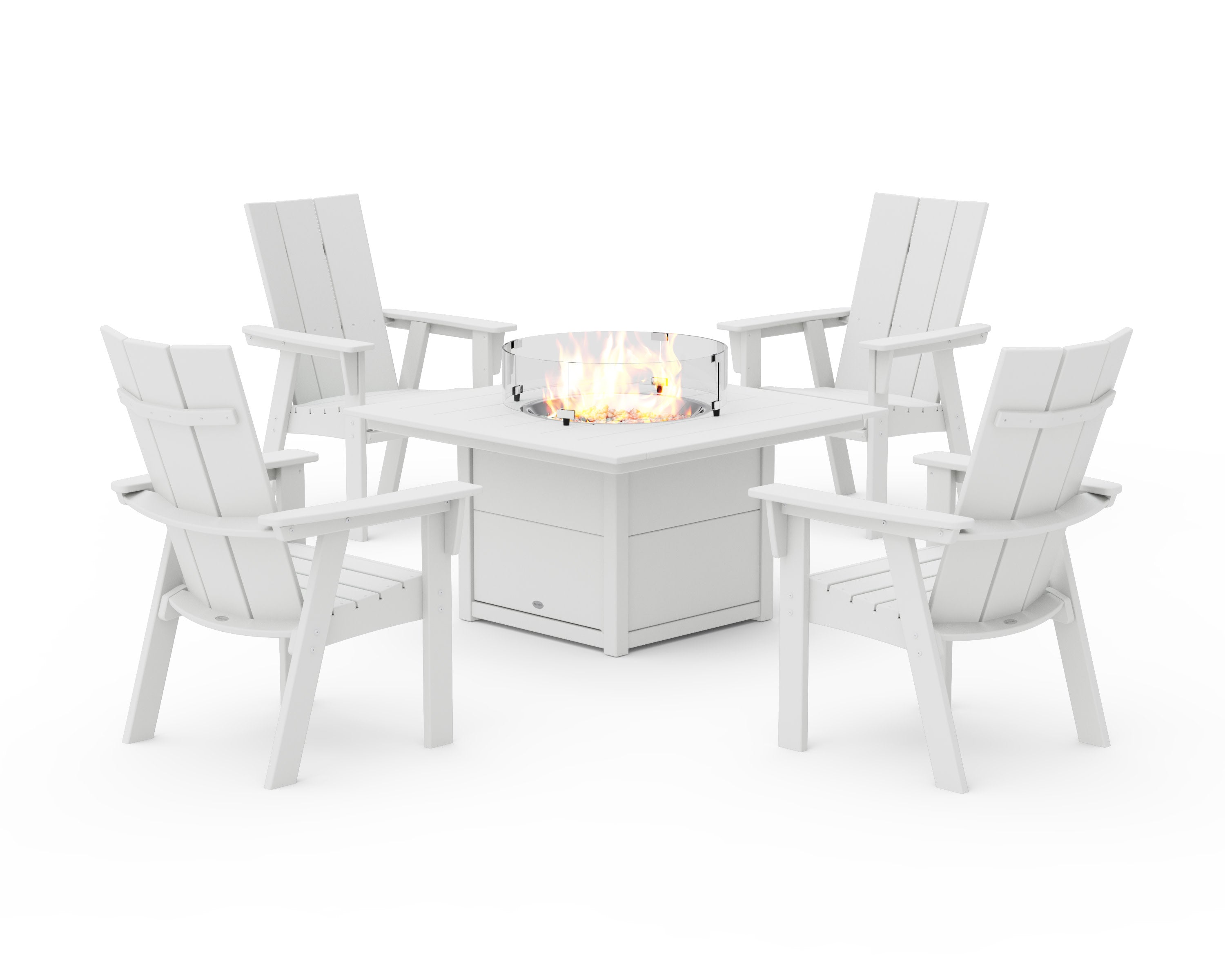 Modern 4-Piece Curveback Upright Adirondack Conversation Set with Fire Pit Table in White