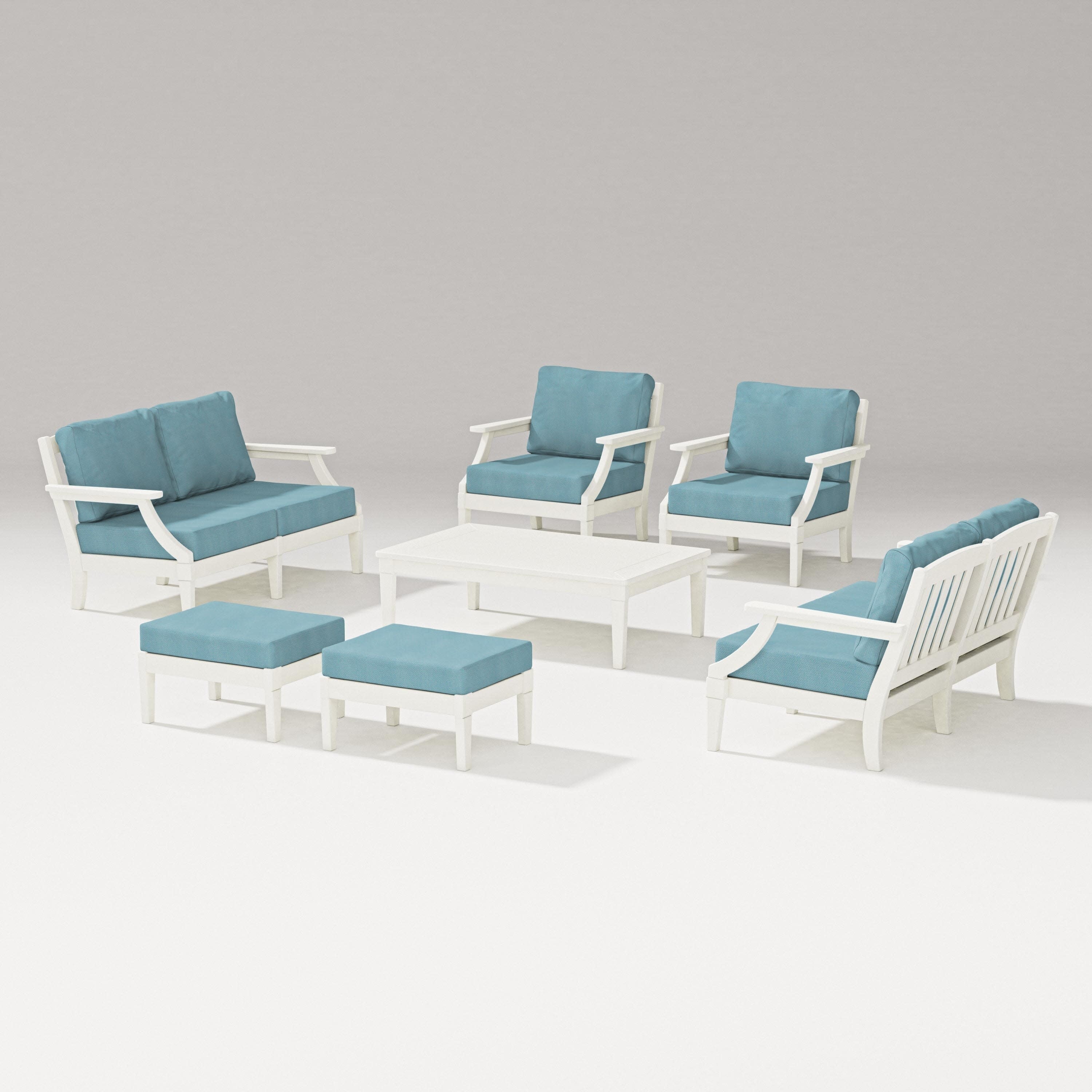 Estate 7-Piece Lounge Loveseat Set in Vintage White / Lattice Sky Blue