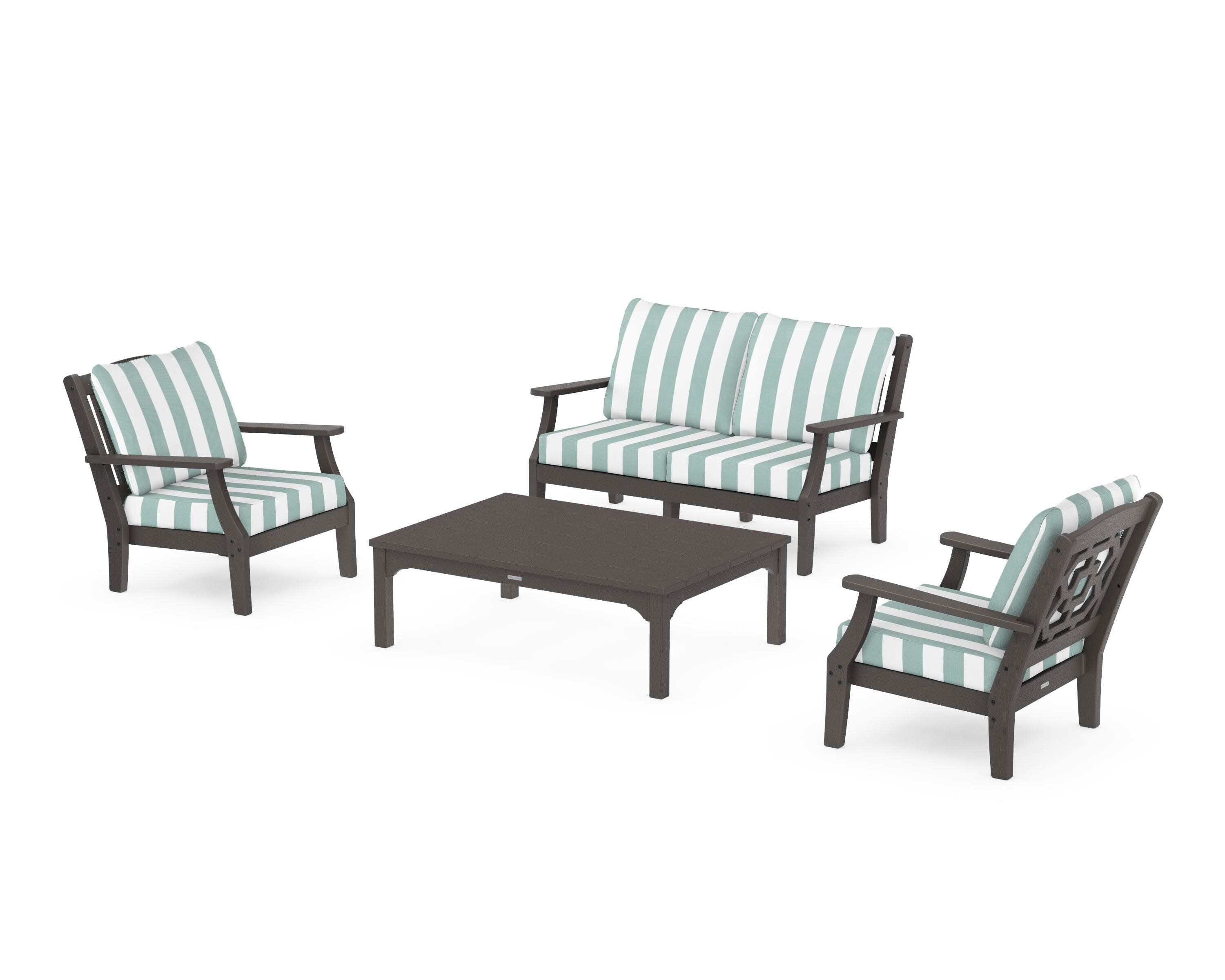 Chinoiserie 4-Piece Deep Seating Set with Loveseat in Vintage Coffee / Cabana Stripe Glacier Spa