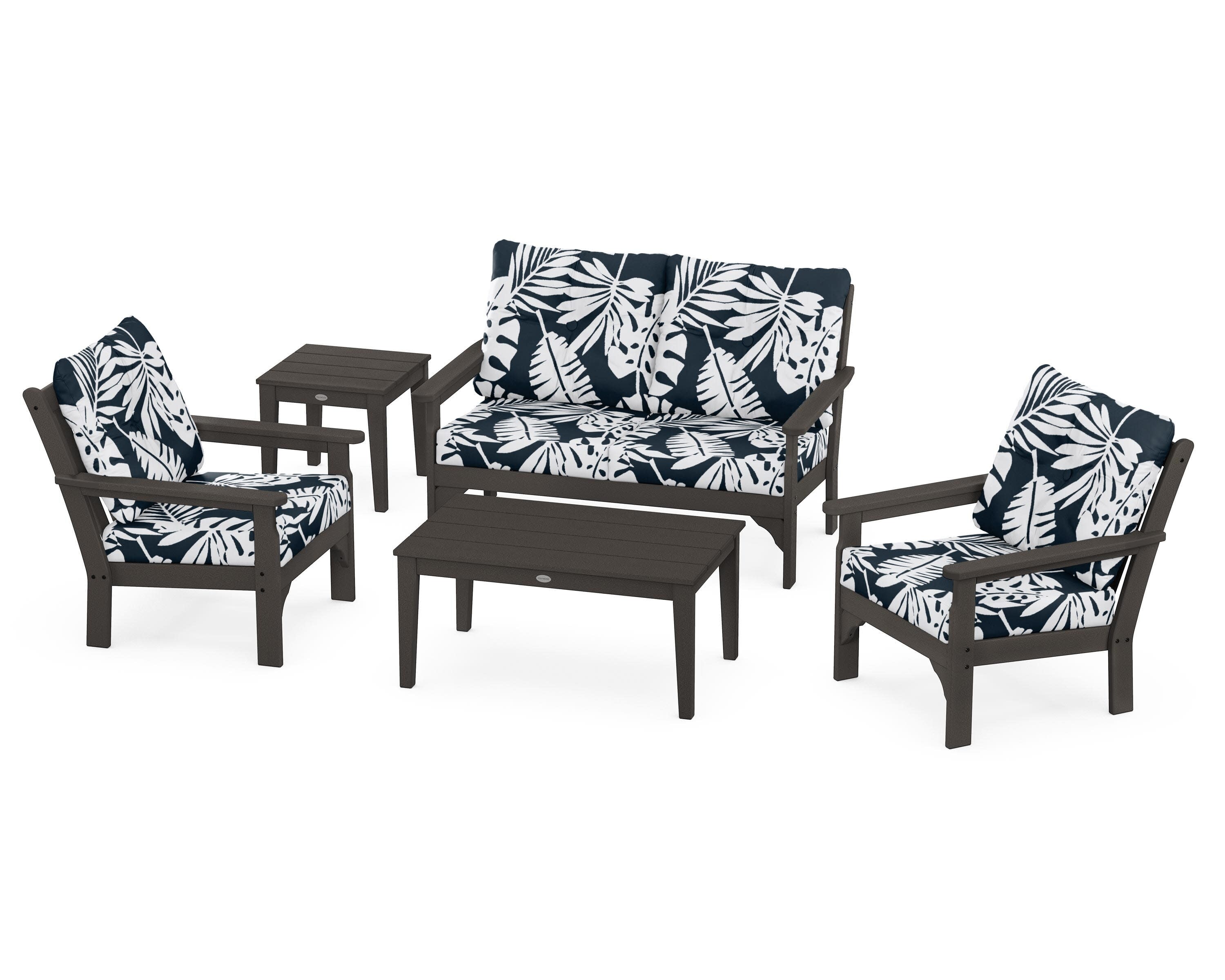 Vineyard 5-Piece Deep Seating Set in Vintage Coffee / Leaf Marine Indigo