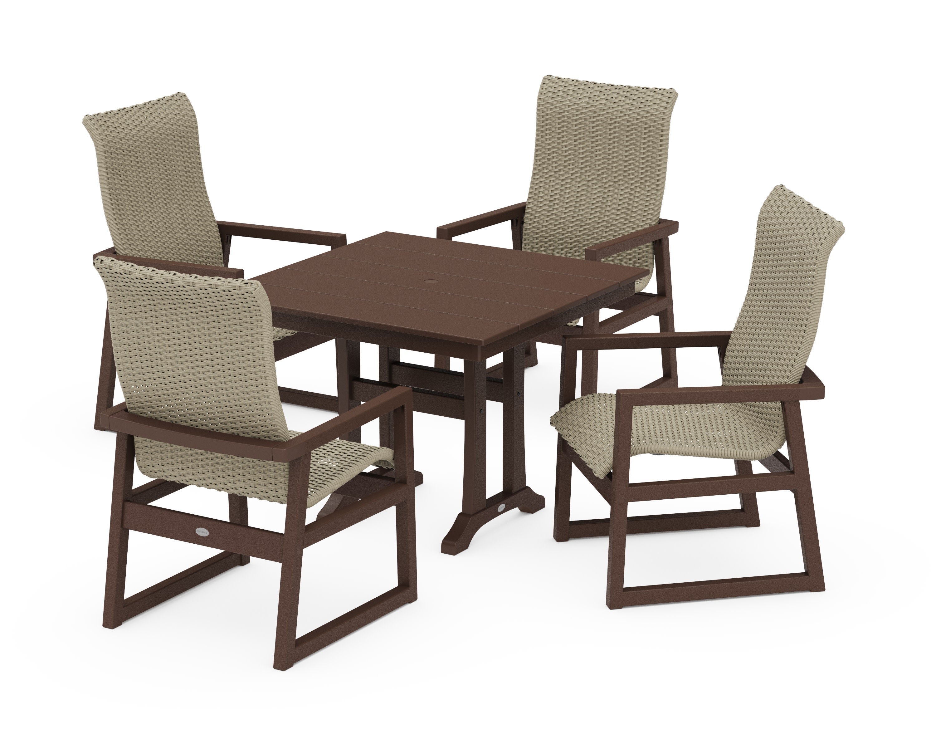 EDGE Woven Highback 5-Piece Farmhouse Dining Set with Trestle Legs in Mahogany / Dune Grass