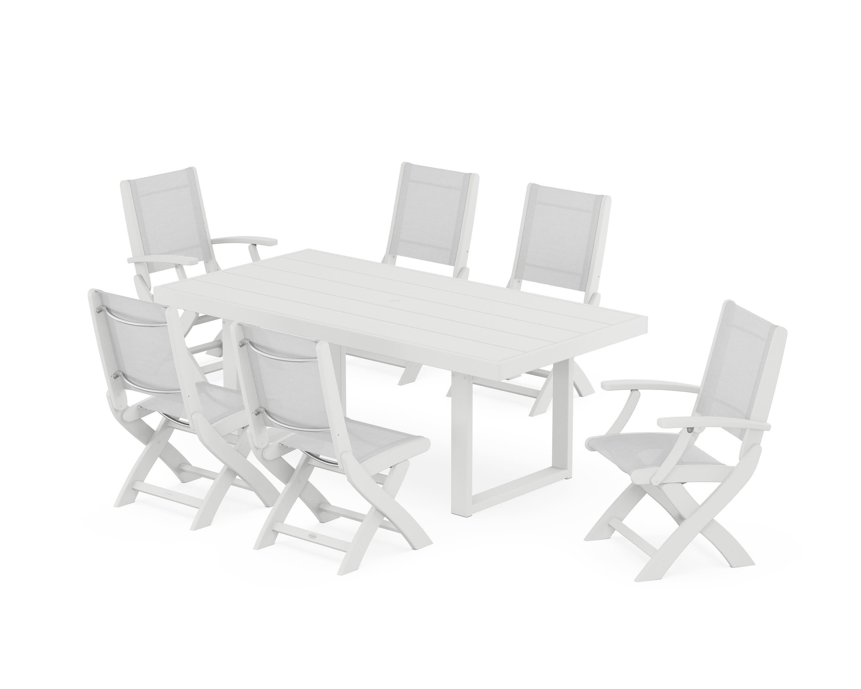 Coastal Folding Chair 7-Piece Dining Set with Trestle Legs in White / White Sling