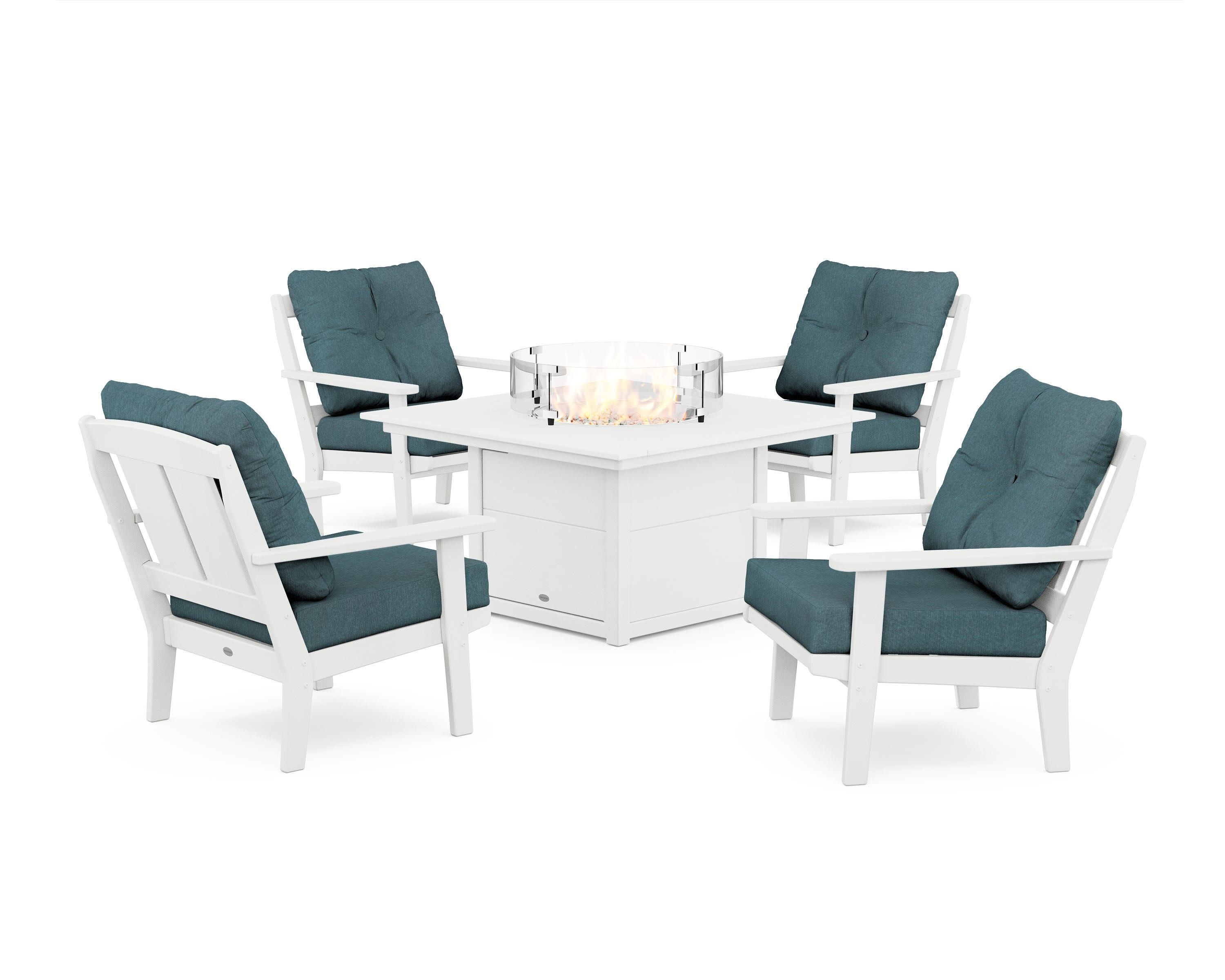 Mission 5-Piece Deep Seating Set with Fire Pit Table in White / Ocean Teal