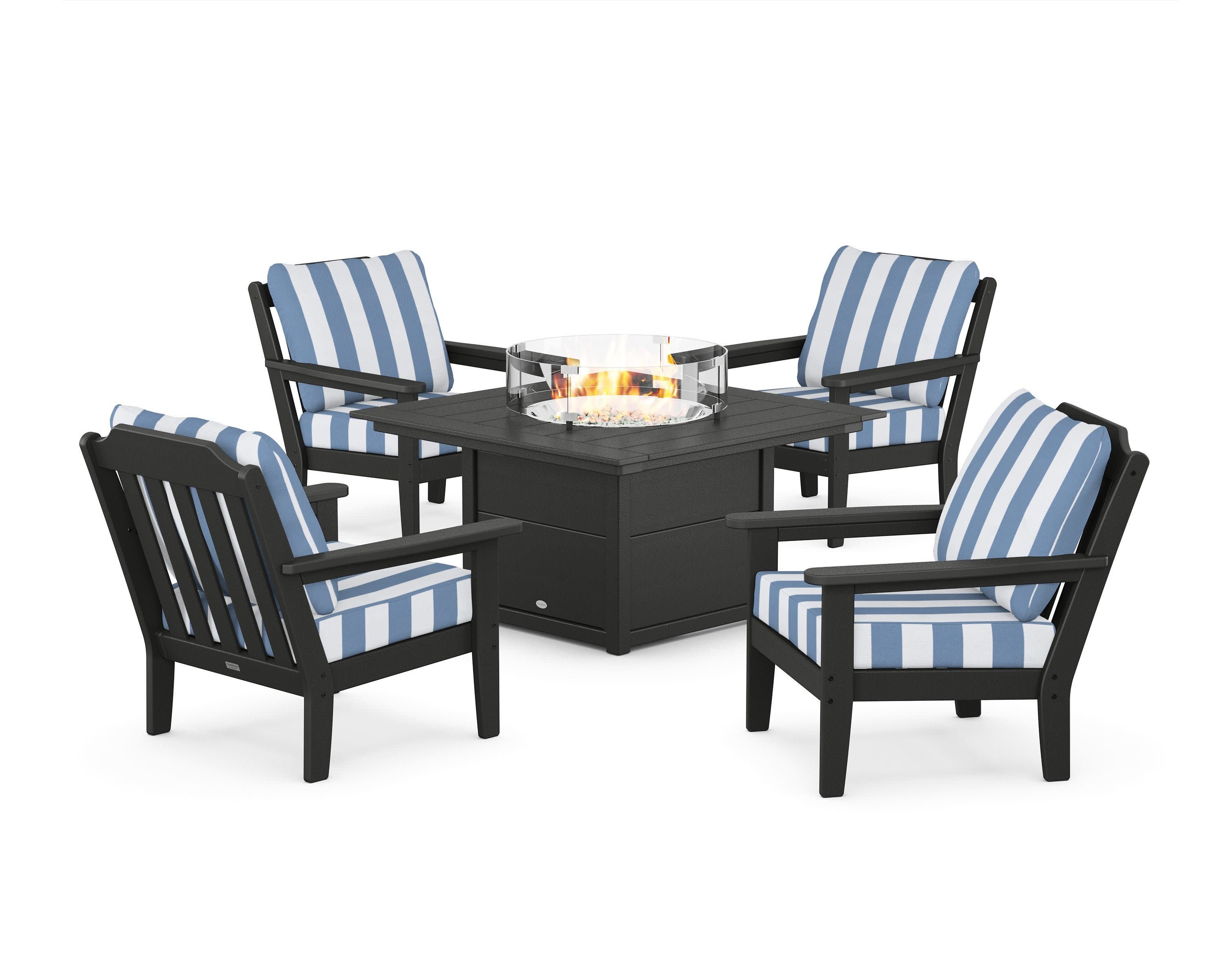 Cottage 5-Piece Deep Seating Set with Fire Pit Table in Black / Cabana Stripe Sky Blue