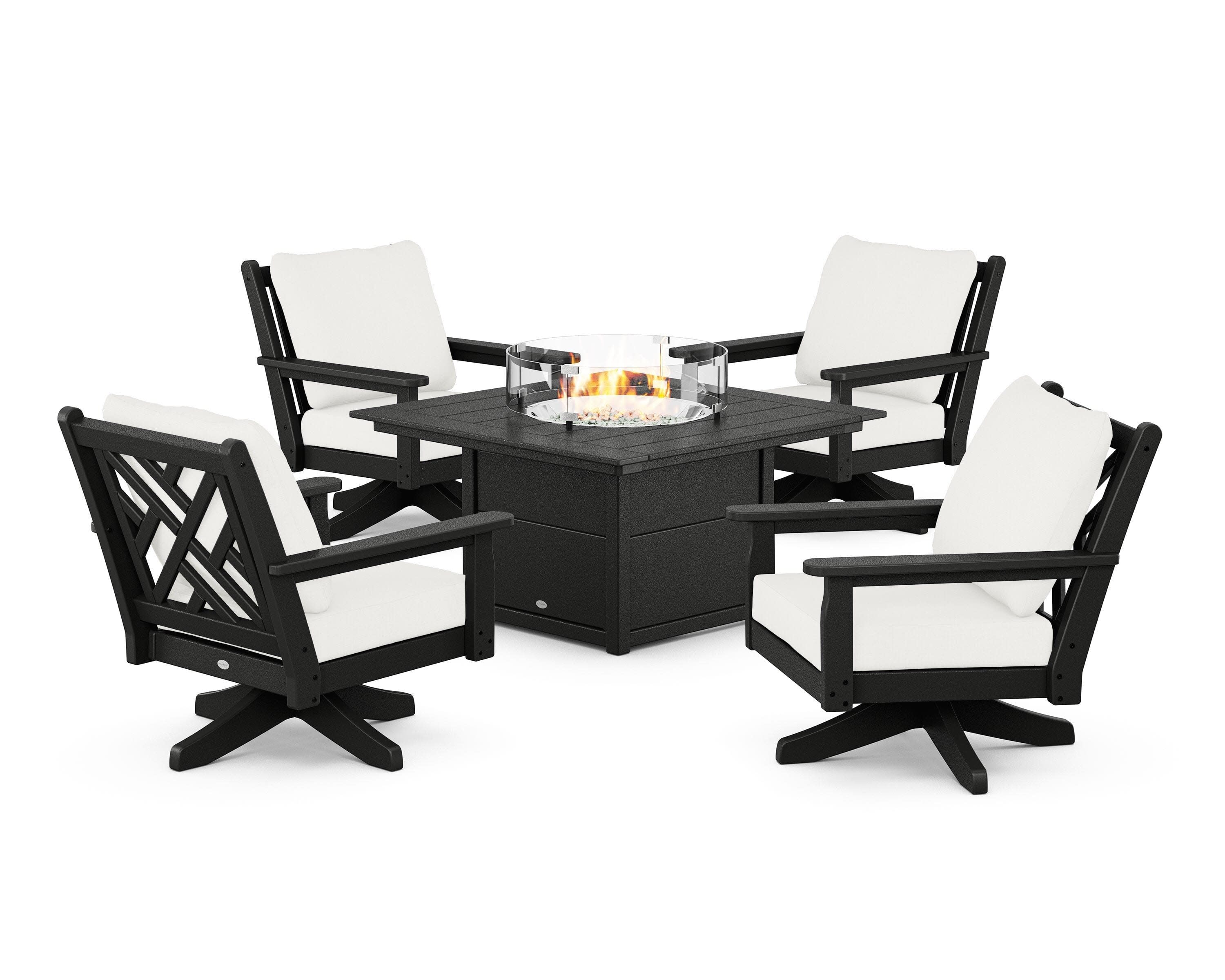 Chippendale 5-Piece Deep Seating Swivel Conversation Set with Fire Pit Table in Black / Natural Linen