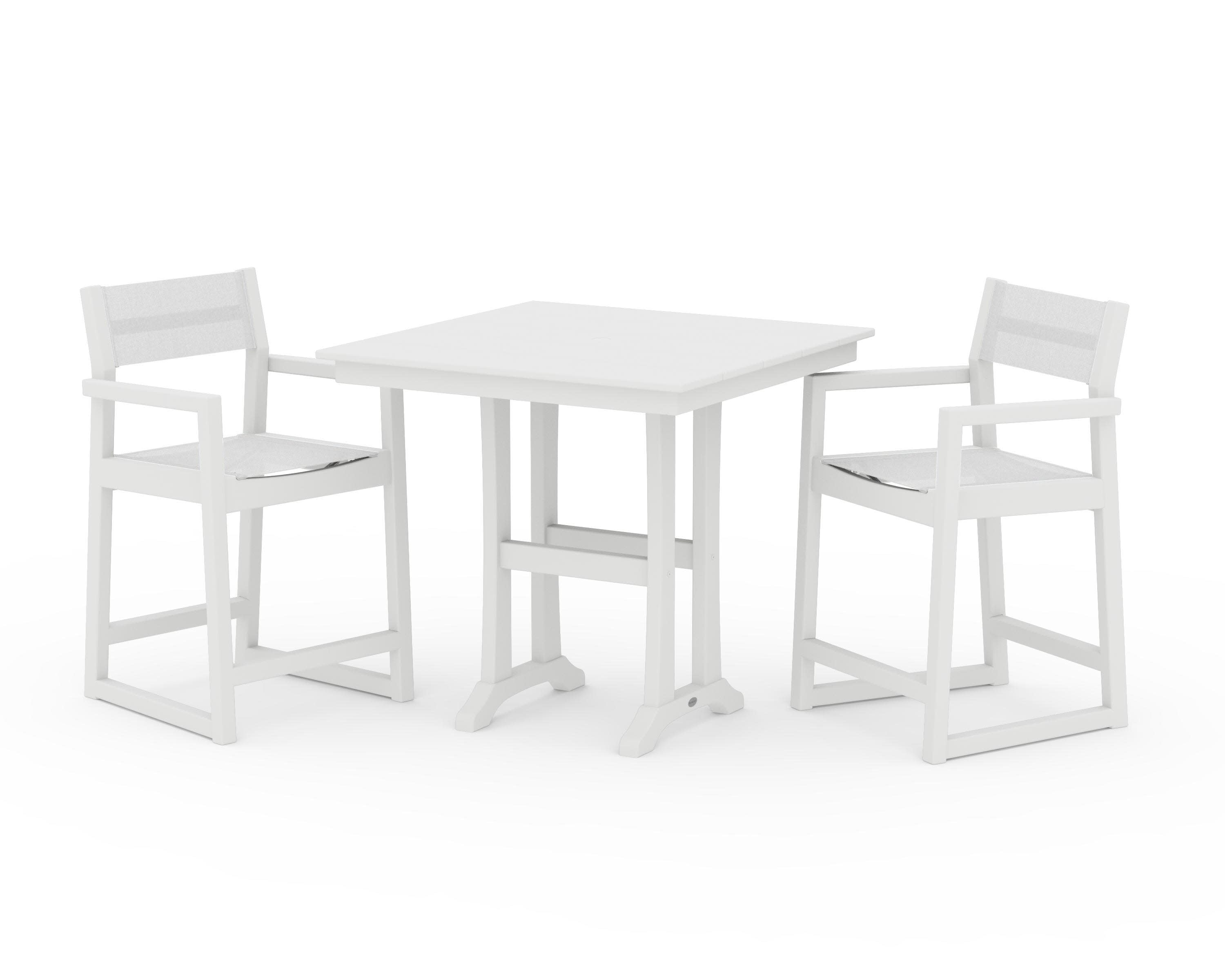 EDGE Sling Arm Chair 3-Piece Farmhouse Counter Set with Trestle Legs in White / White Sling