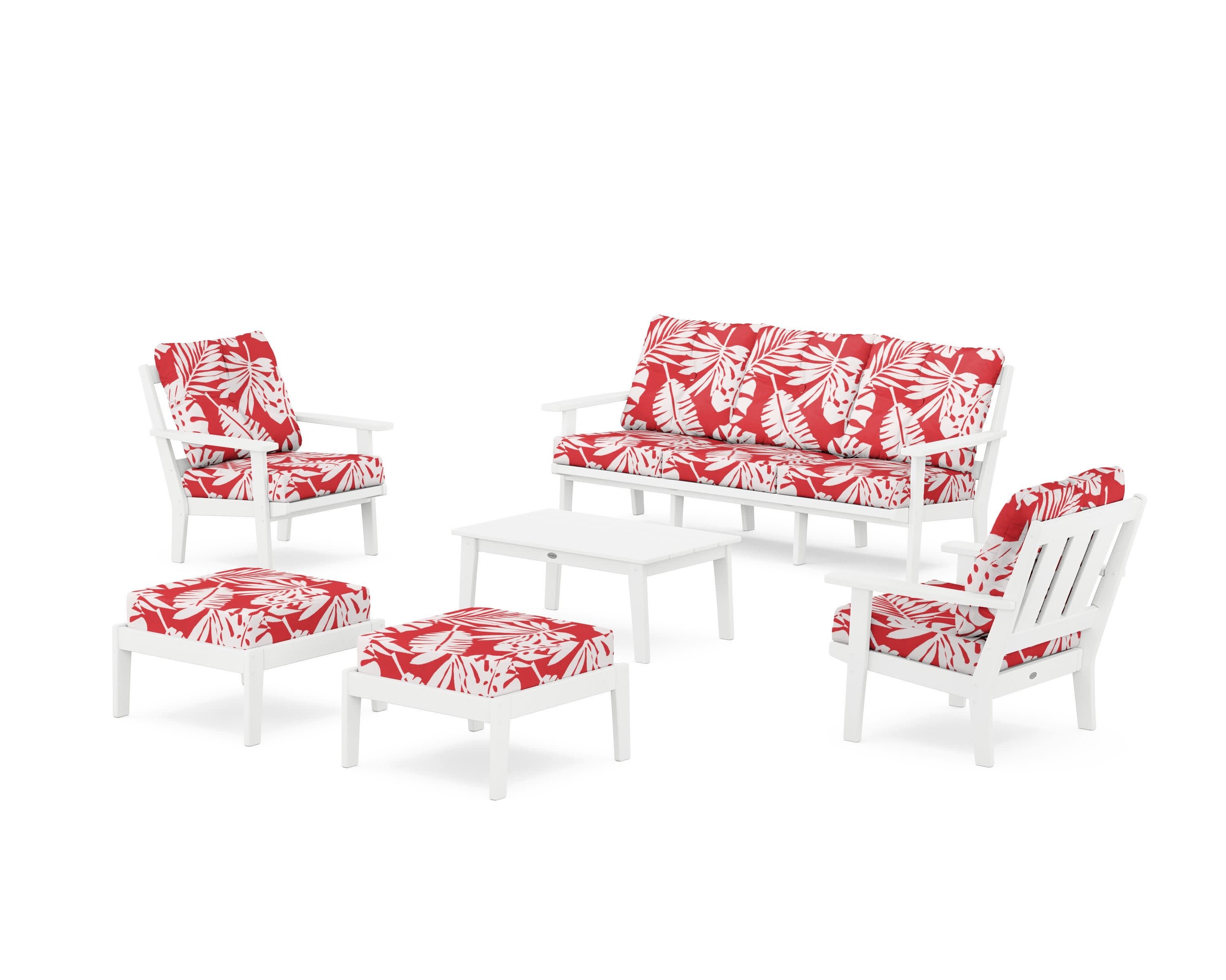 Oxford 6-Piece Lounge Sofa Set in White / Leaf Crimson