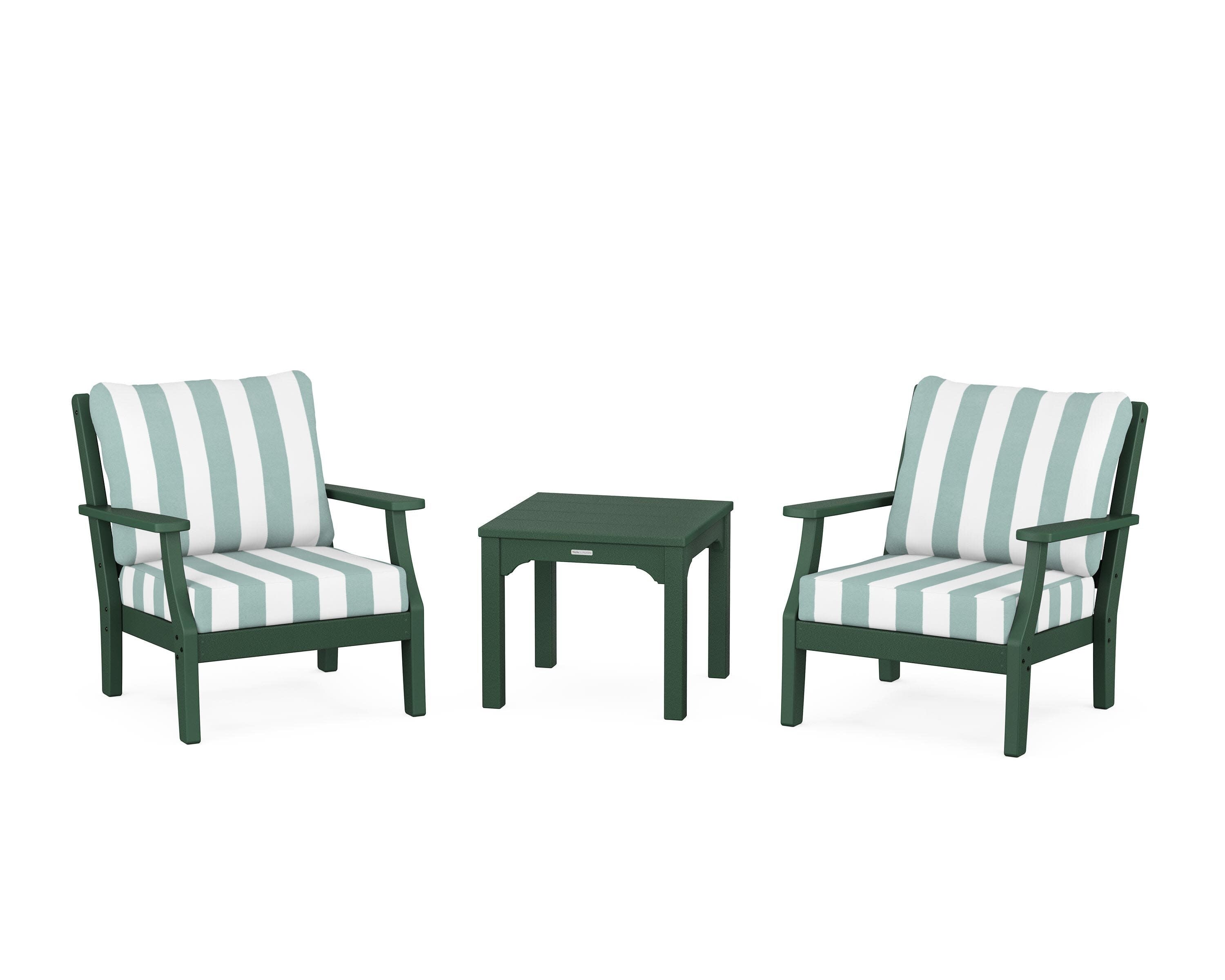Chinoiserie 3-Piece Deep Seating Set in Green / Cabana Stripe Glacier Spa