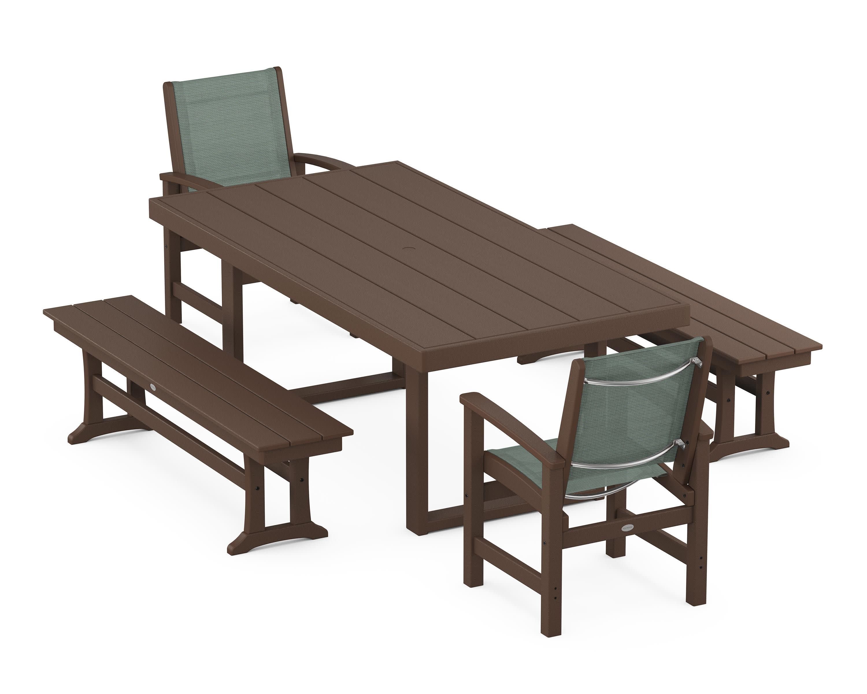 Coastal 5-Piece Dining Set with Trestle Legs in Mahogany / Dupioni Sea Mist Sling