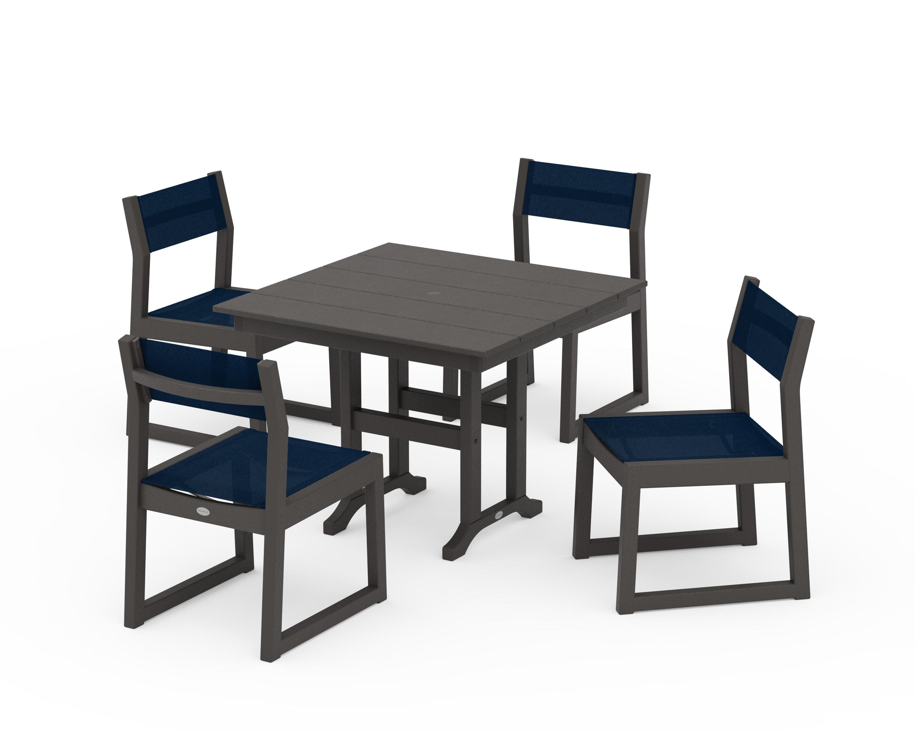 EDGE Sling Side Chair 5-Piece Farmhouse Dining Set in Vintage Coffee / Navy Blue Sling