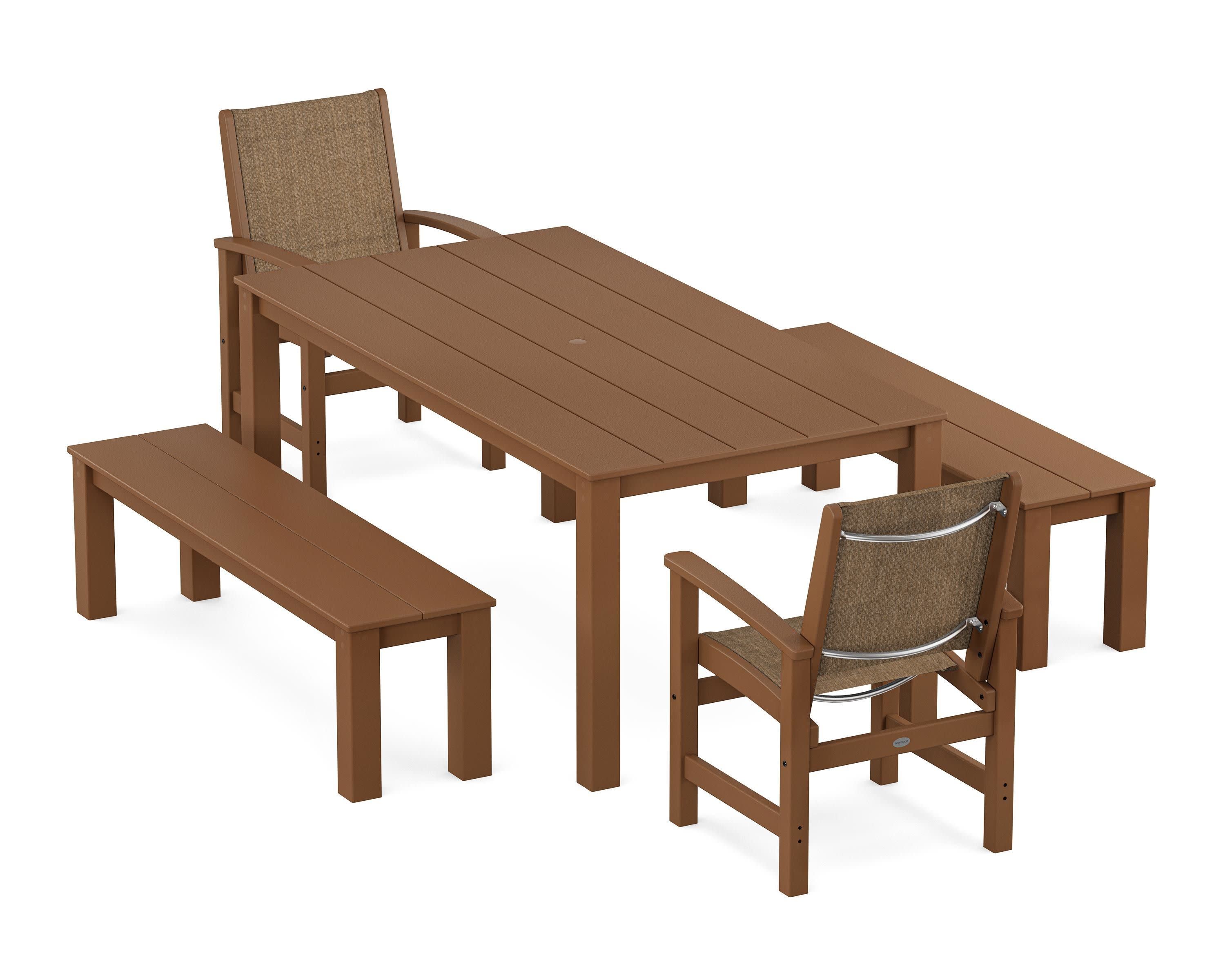 Coastal 5-Piece Parsons Dining Set with Benches in Teak / Burlap Sling