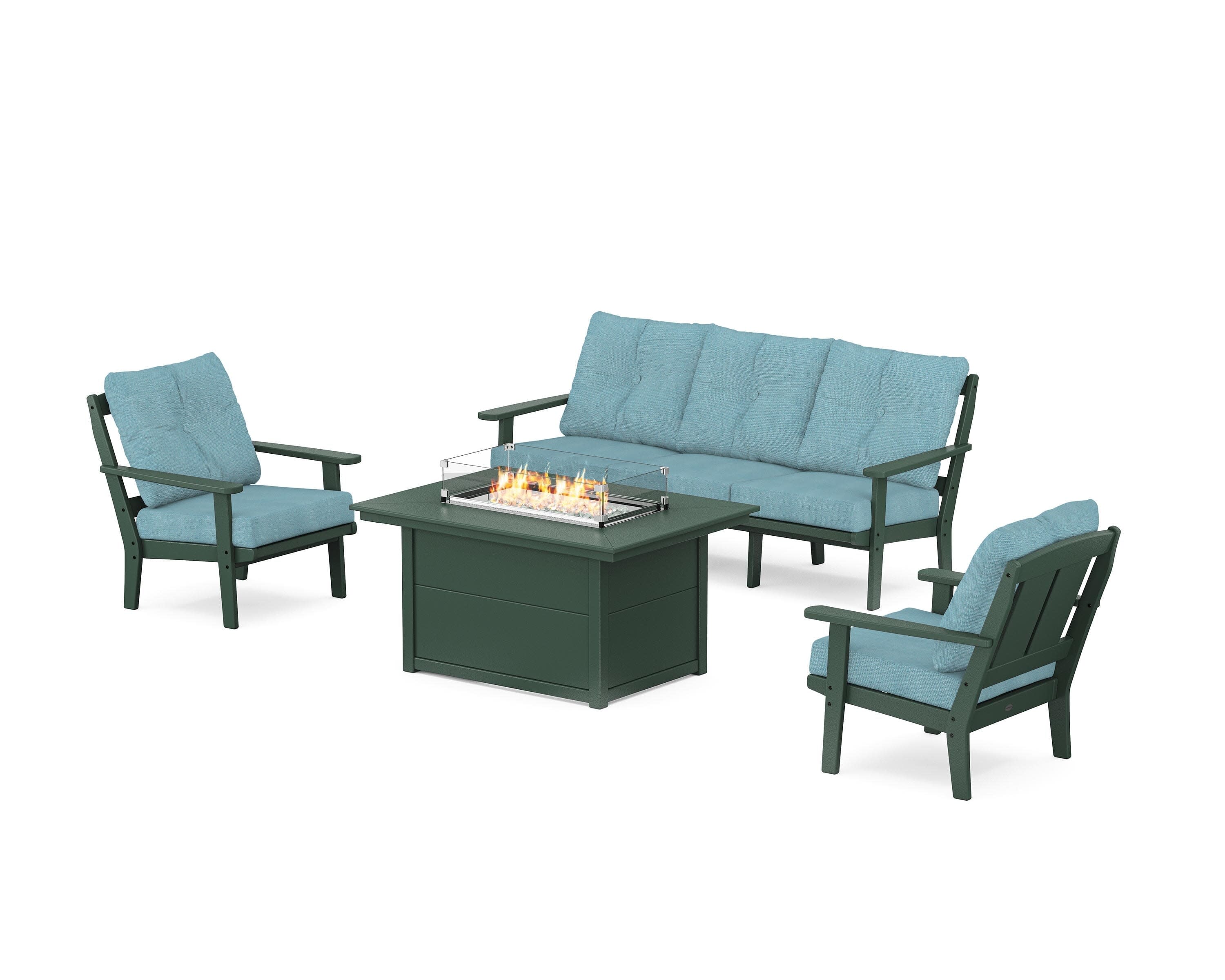 Mission Deep Seating Fire Pit Table Set in Green / Lattice Sky Blue