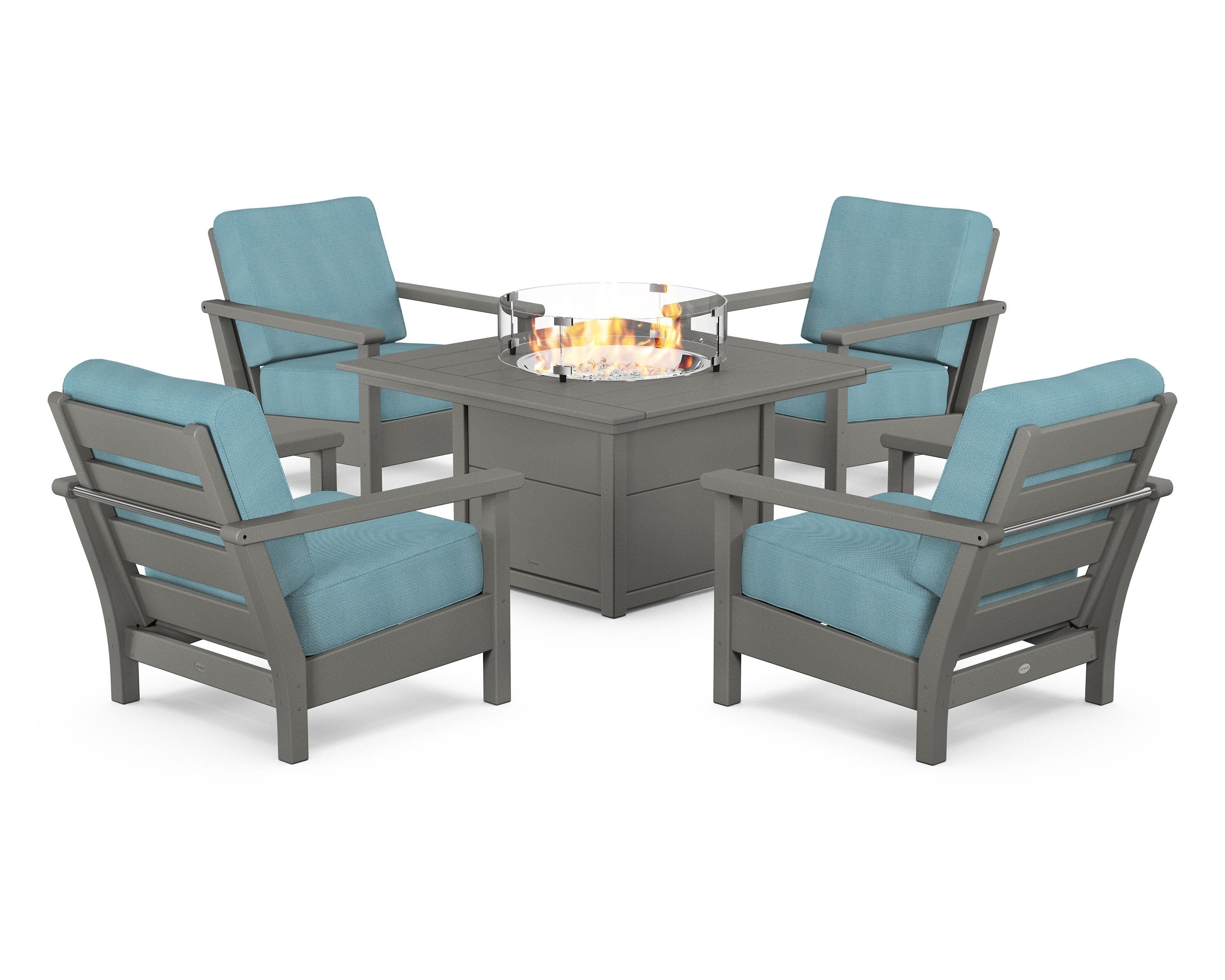 Harbour 5-Piece Conversation Set with Fire Pit Table in Slate Grey / Lattice Sky Blue
