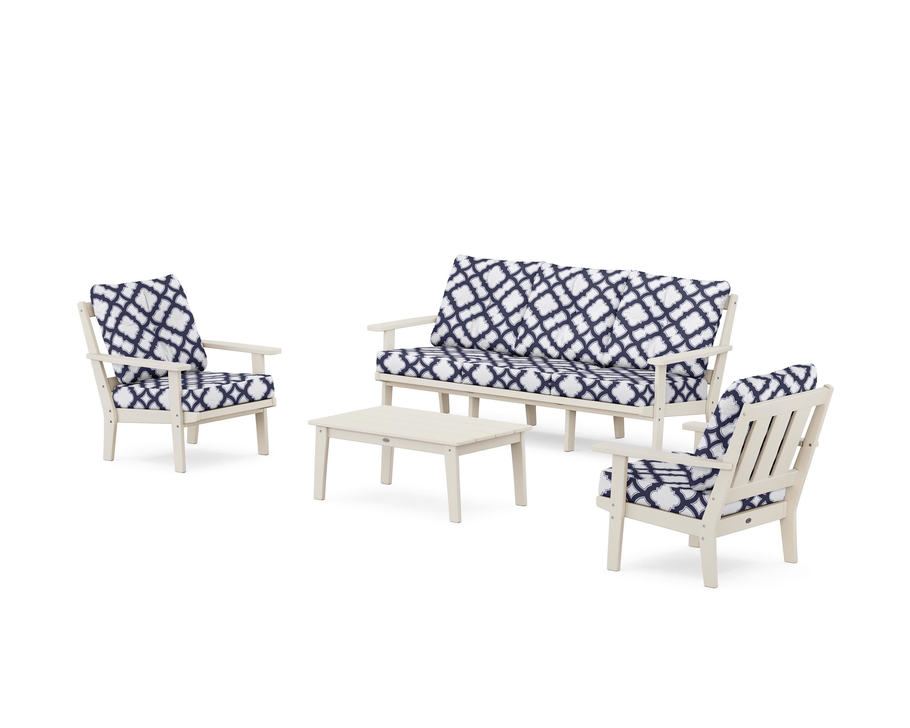 Oxford 4-Piece Deep Seating Set with Sofa in Sand / Trellis Navy