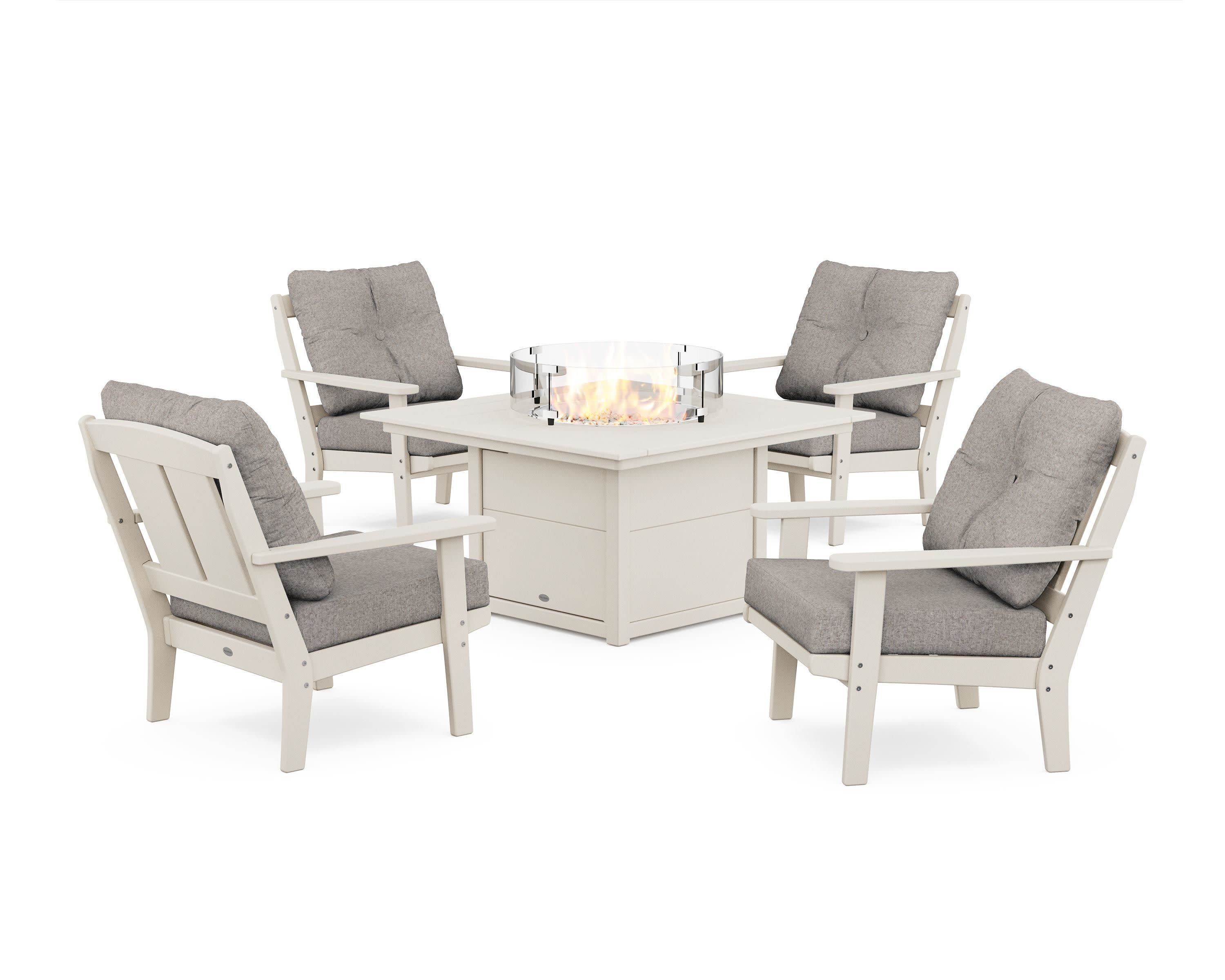 Mission 5-Piece Deep Seating Set with Fire Pit Table in Sand / Weathered Tweed