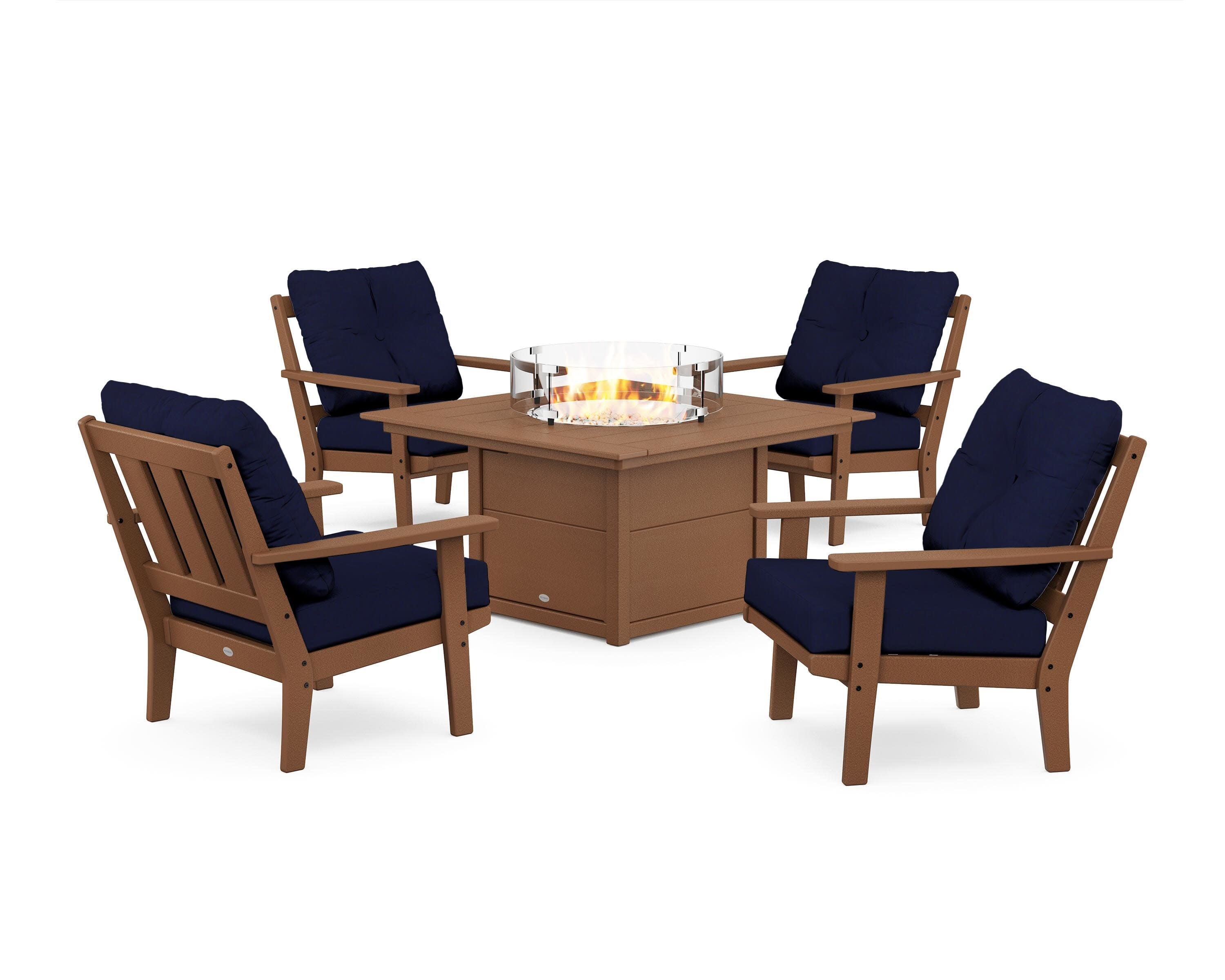 Oxford 5-Piece Deep Seating Set with Fire Pit Table in Teak / Navy