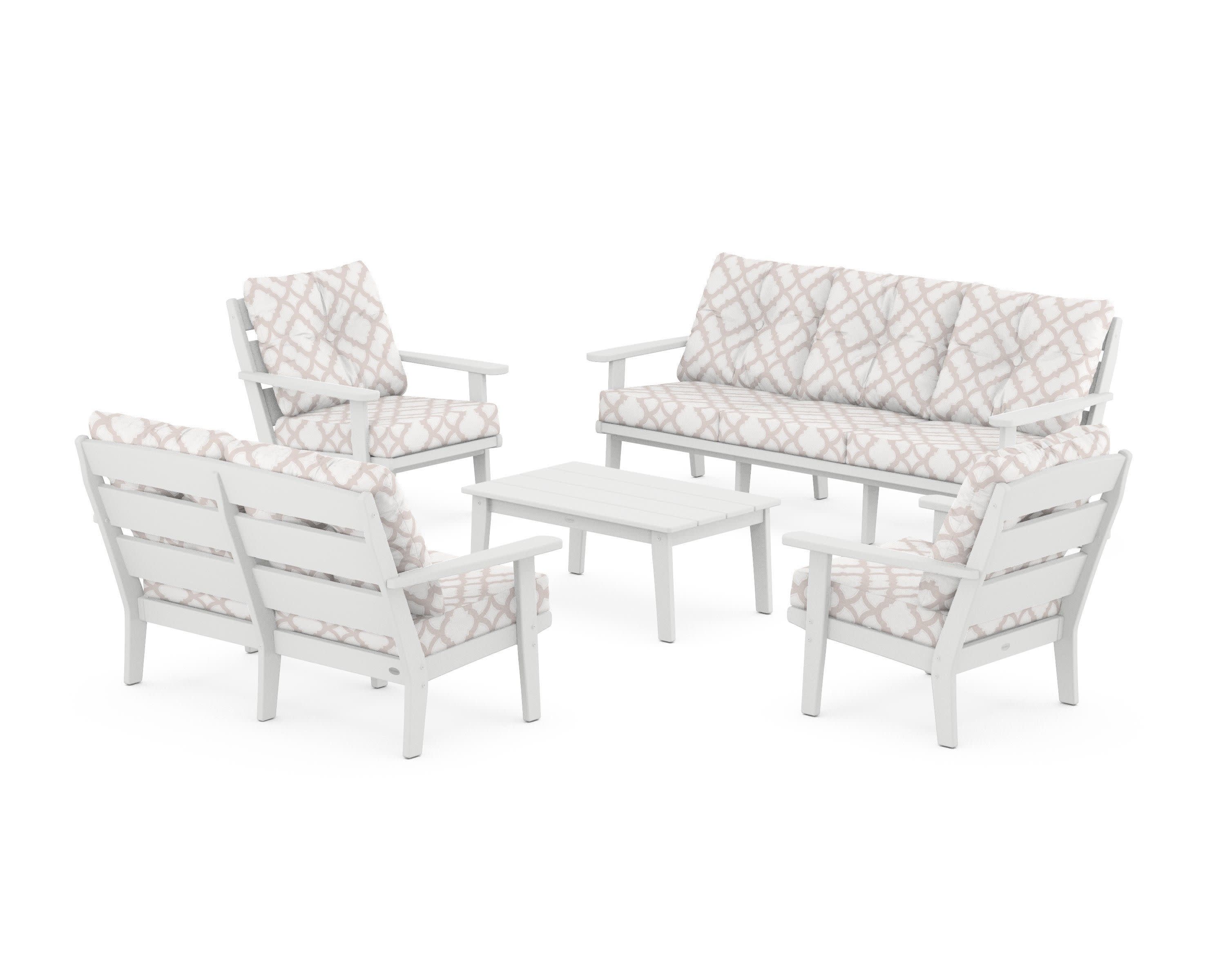 Lakeside 5-Piece Lounge Sofa Set in White / Trellis Dune Burlap