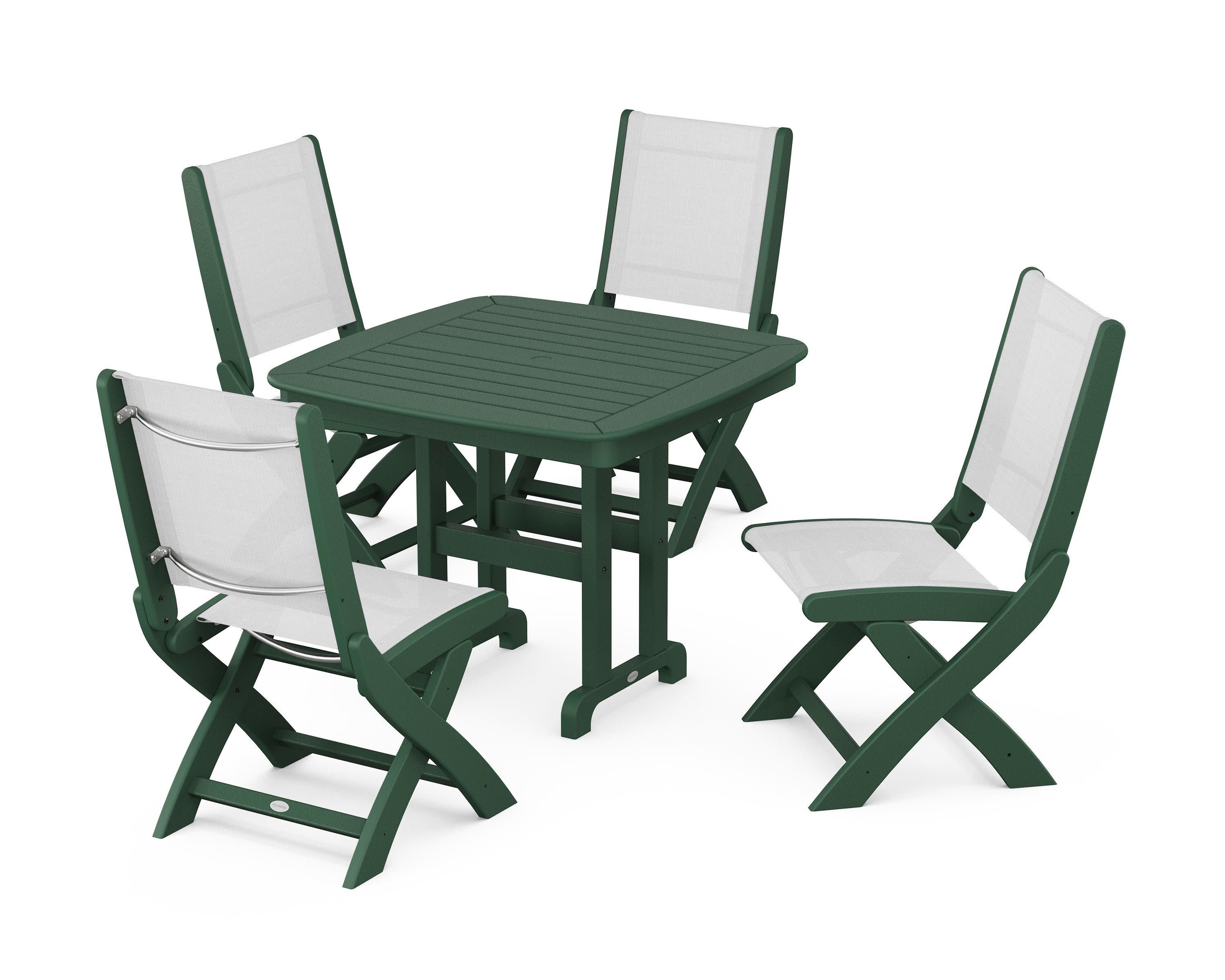 Coastal Folding Side Chair 5-Piece Dining Set in Green / White Sling