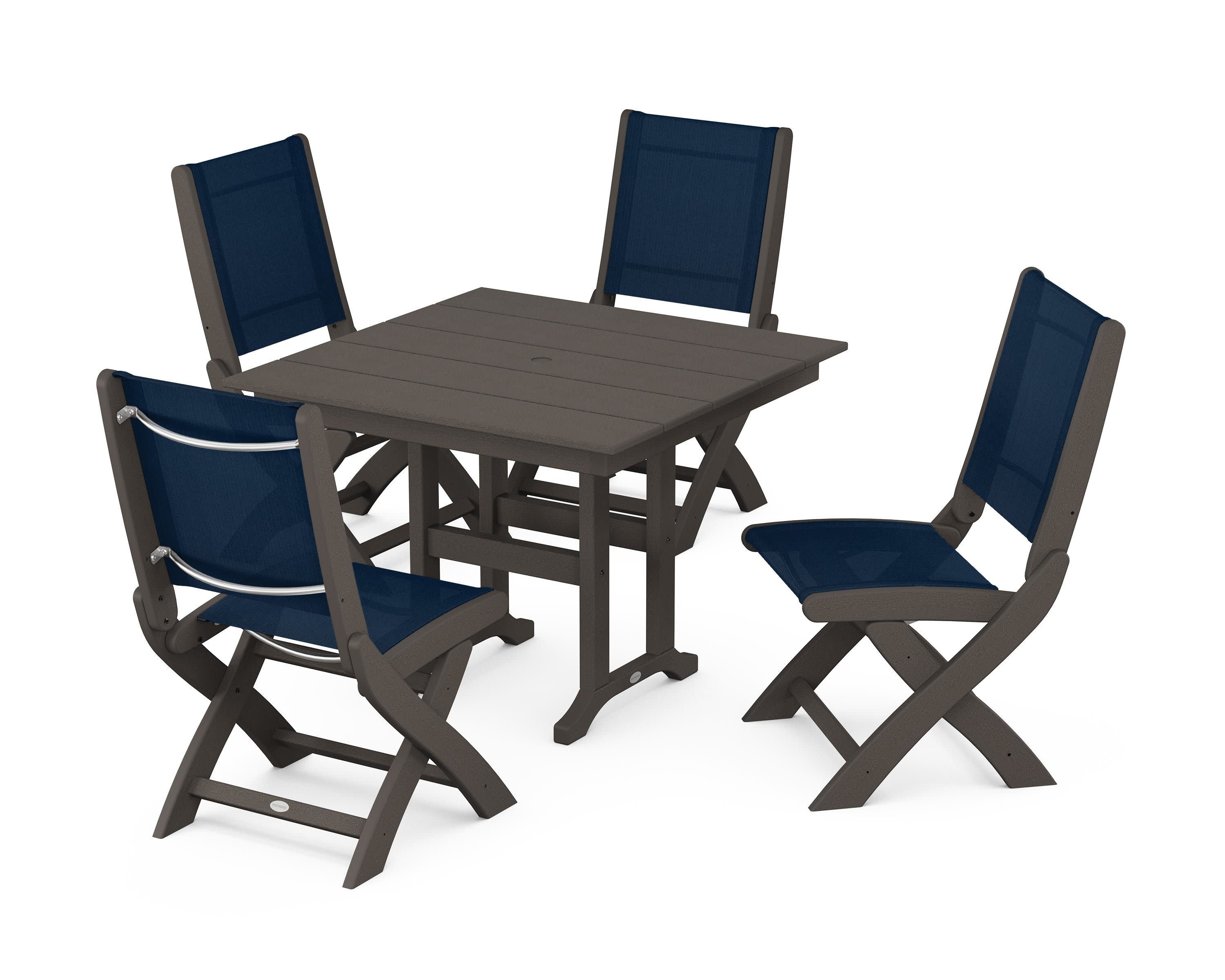 Coastal Folding Side Chair 5-Piece Farmhouse Dining Set in Vintage Coffee / Navy Blue Sling