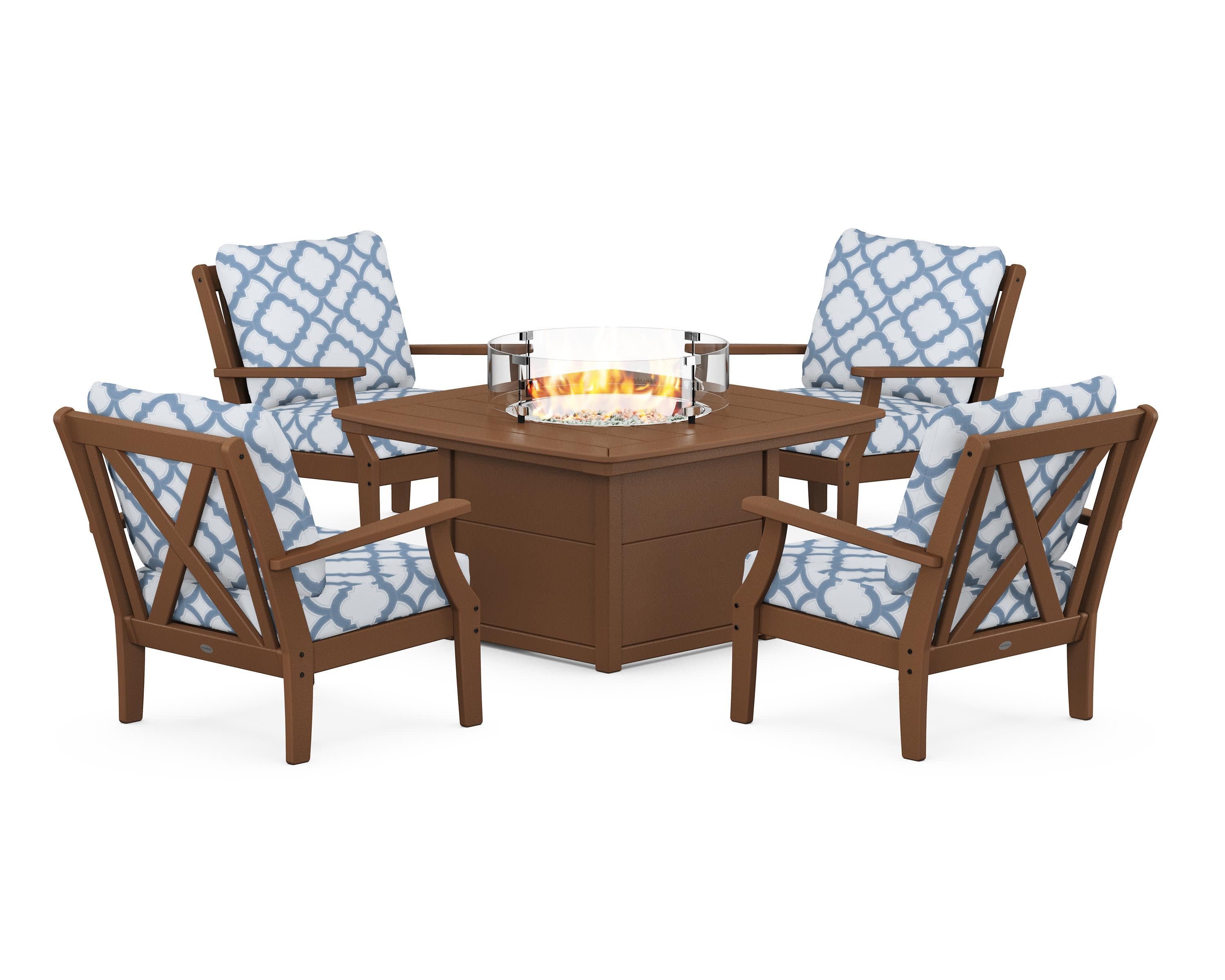 Braxton 5-Piece Deep Seating Conversation Set with Fire Pit Table in Teak / Trellis Sky Blue