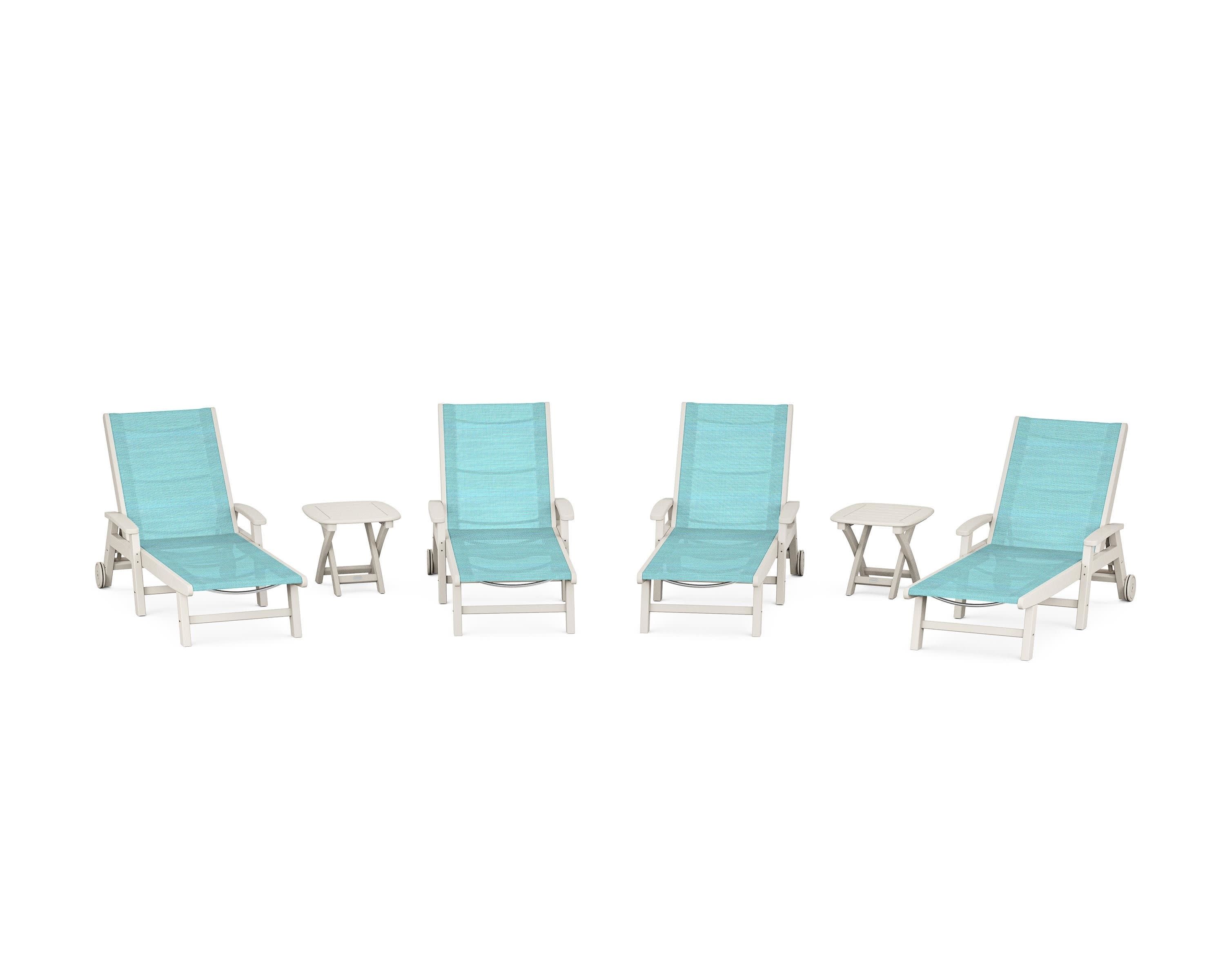 Coastal Chaise 6-Piece Set with Wheels in Sand / Dupioni Aquamarine Sling