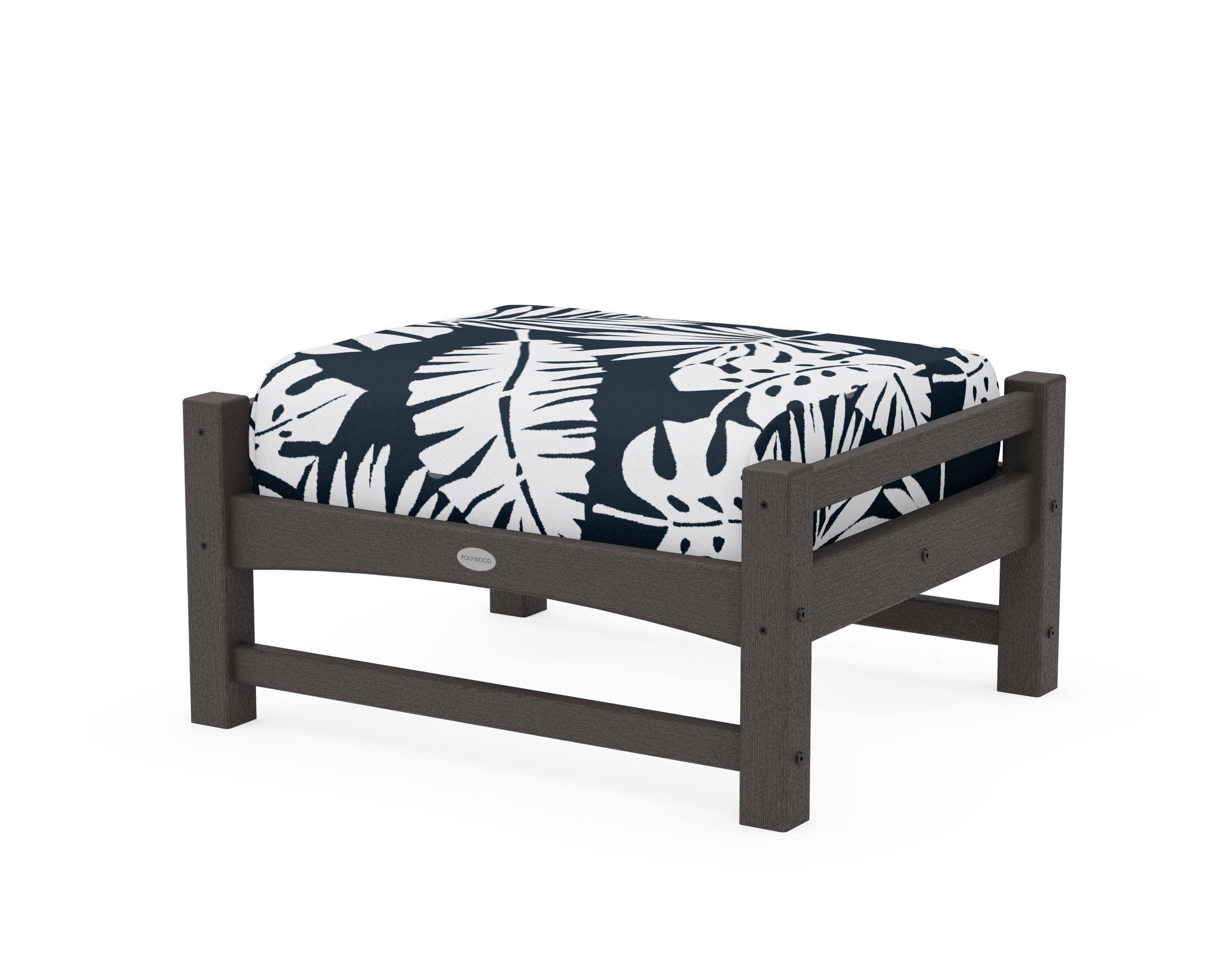 Club Ottoman in Vintage Coffee / Leaf Marine Indigo