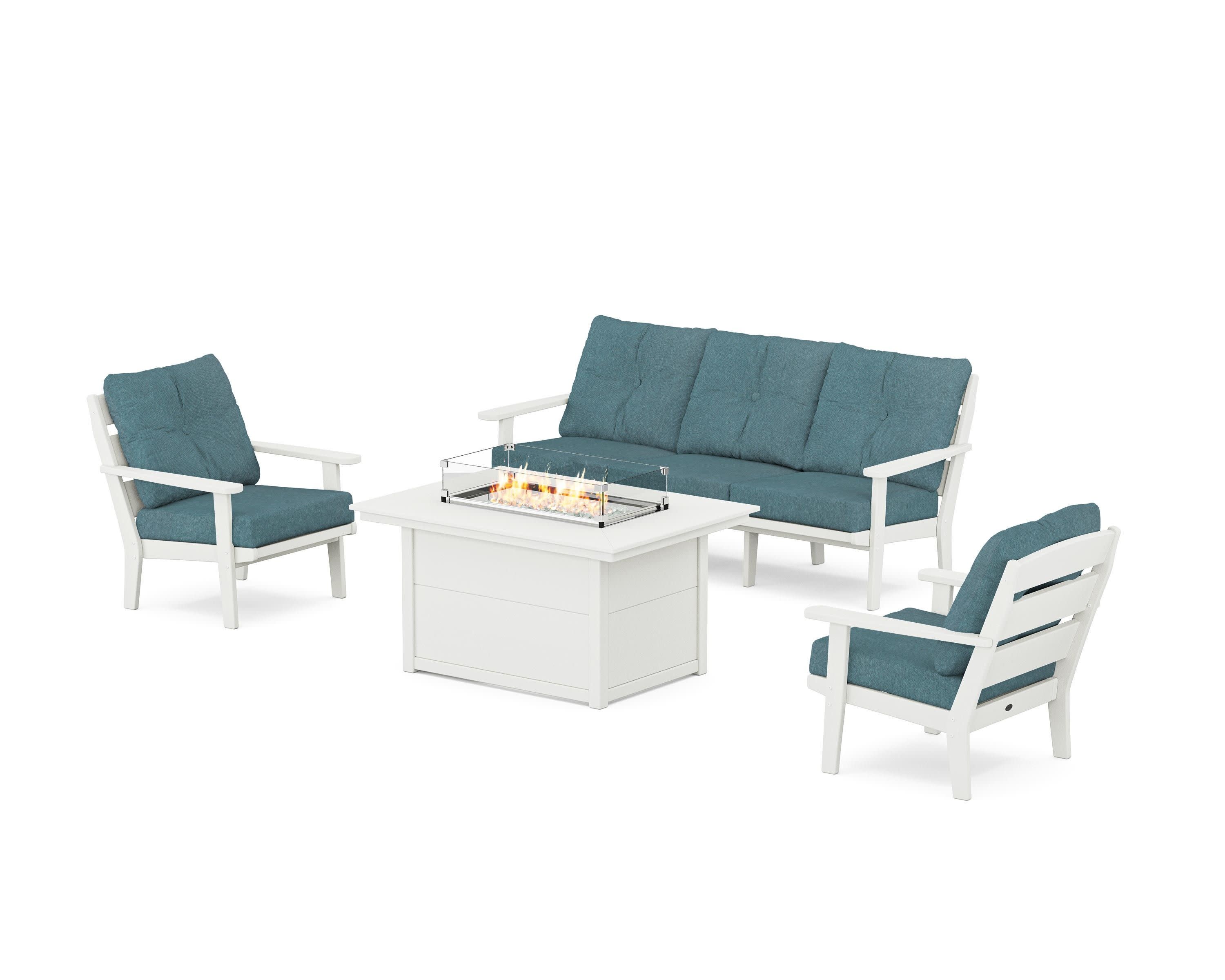 Lakeside Deep Seating Fire Pit Table Set in Vintage White / Ocean Teal