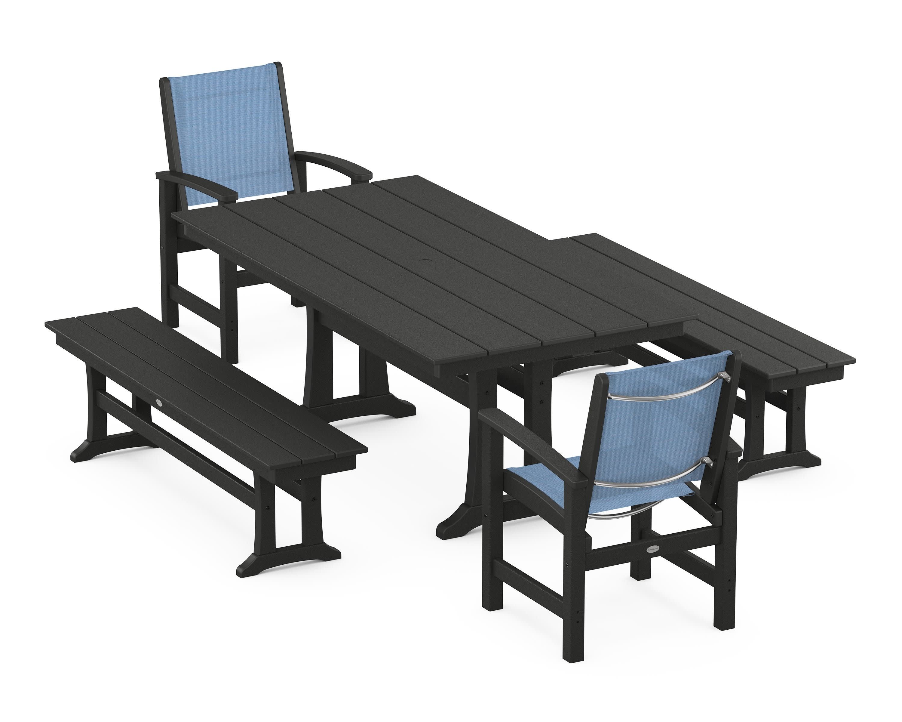 Coastal 5-Piece Farmhouse Dining Set with Trestle Legs and Benches in Black / Poolside Sling