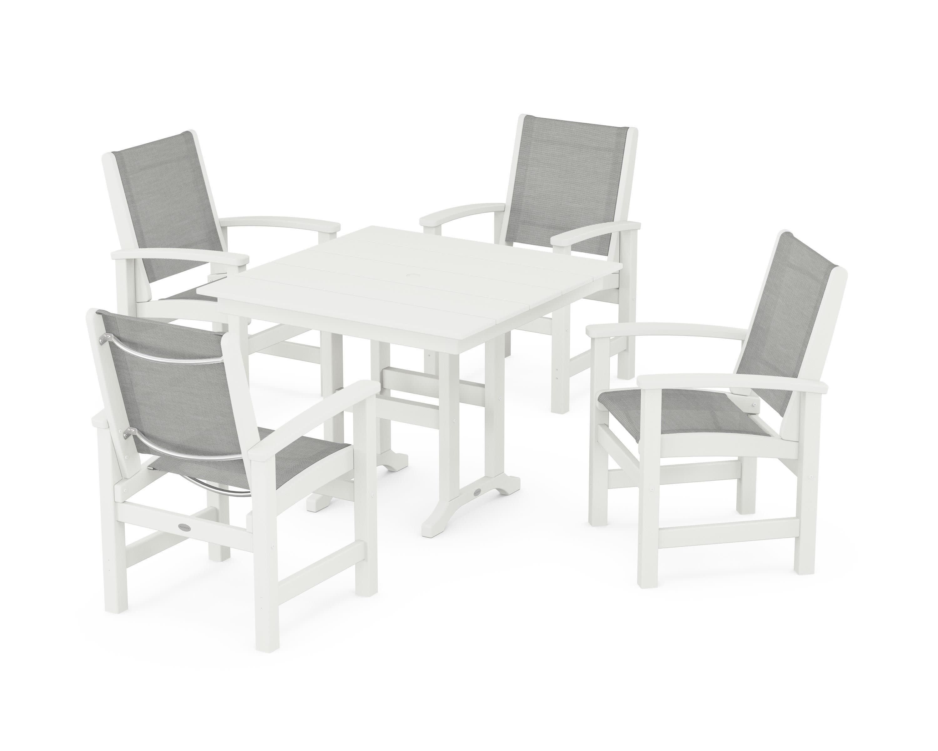Coastal 5-Piece Farmhouse Dining Set in Vintage White / Metallic Sling