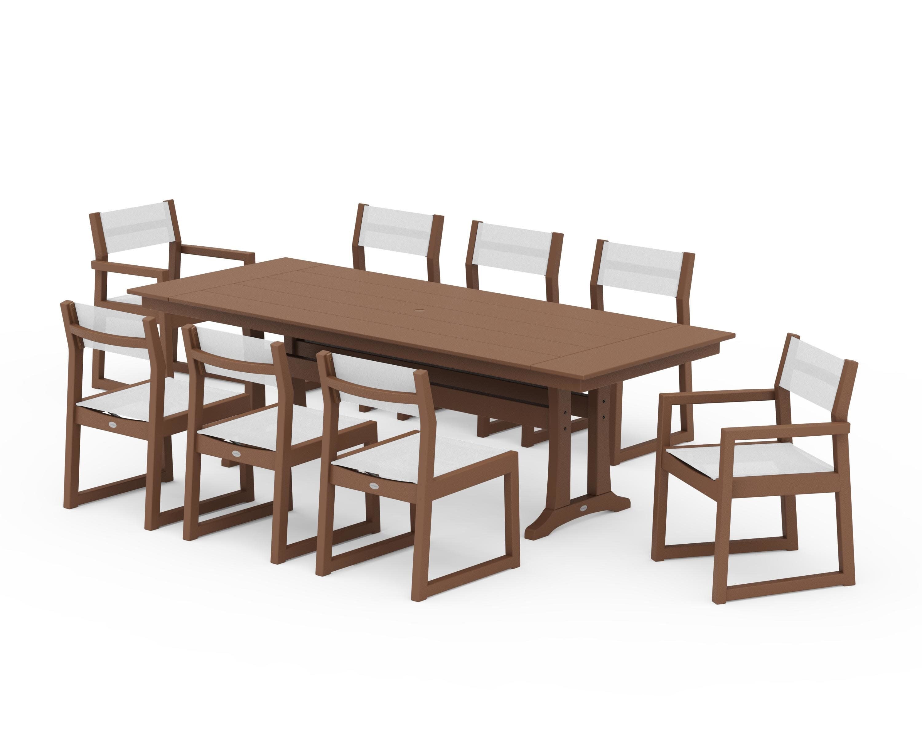 EDGE Sling 9-Piece Farmhouse Trestle Dining Set in Teak / White Sling