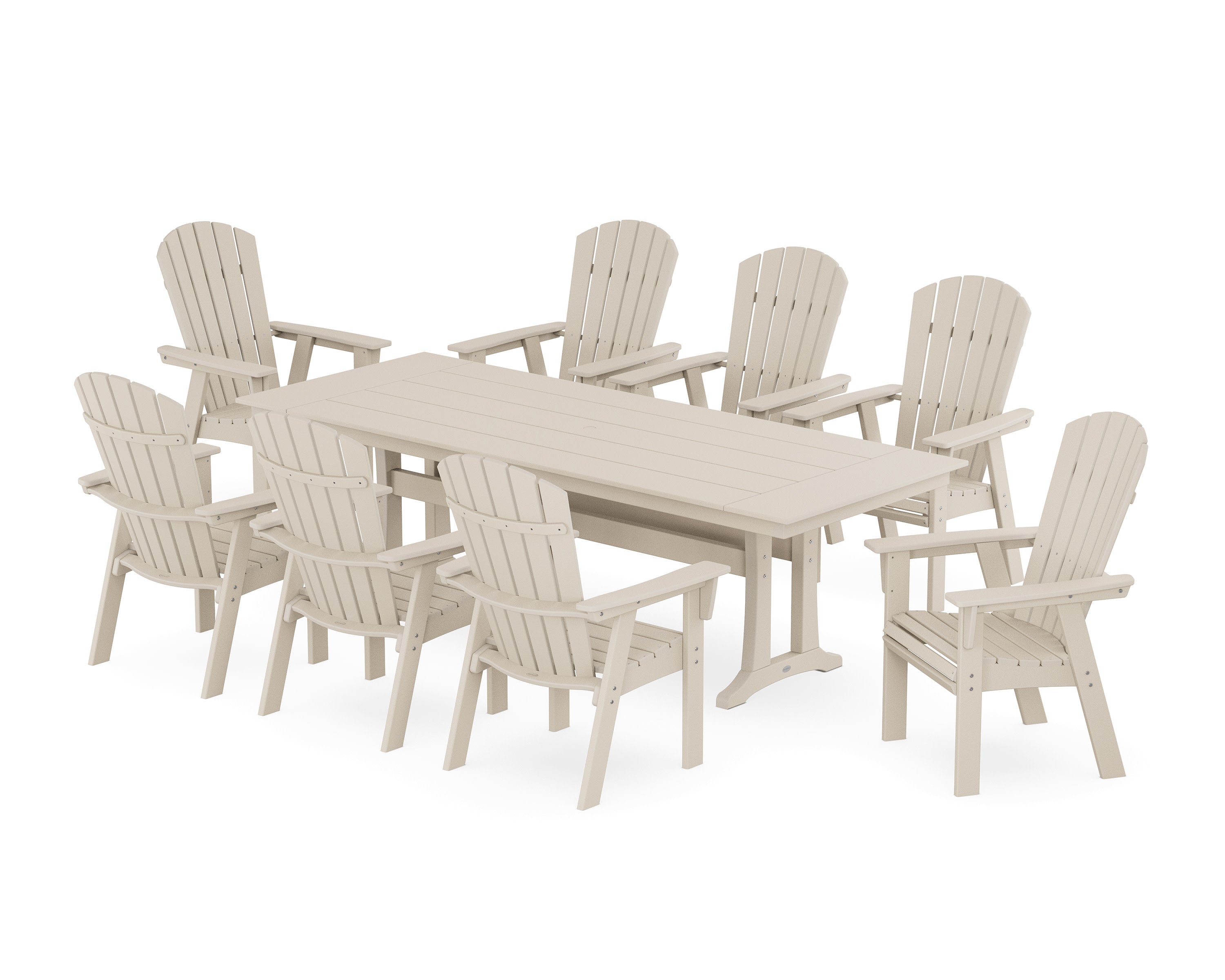 Nautical 9-Piece Curveback Adirondack Farmhouse Dining Set with Trestle Legs in Sand