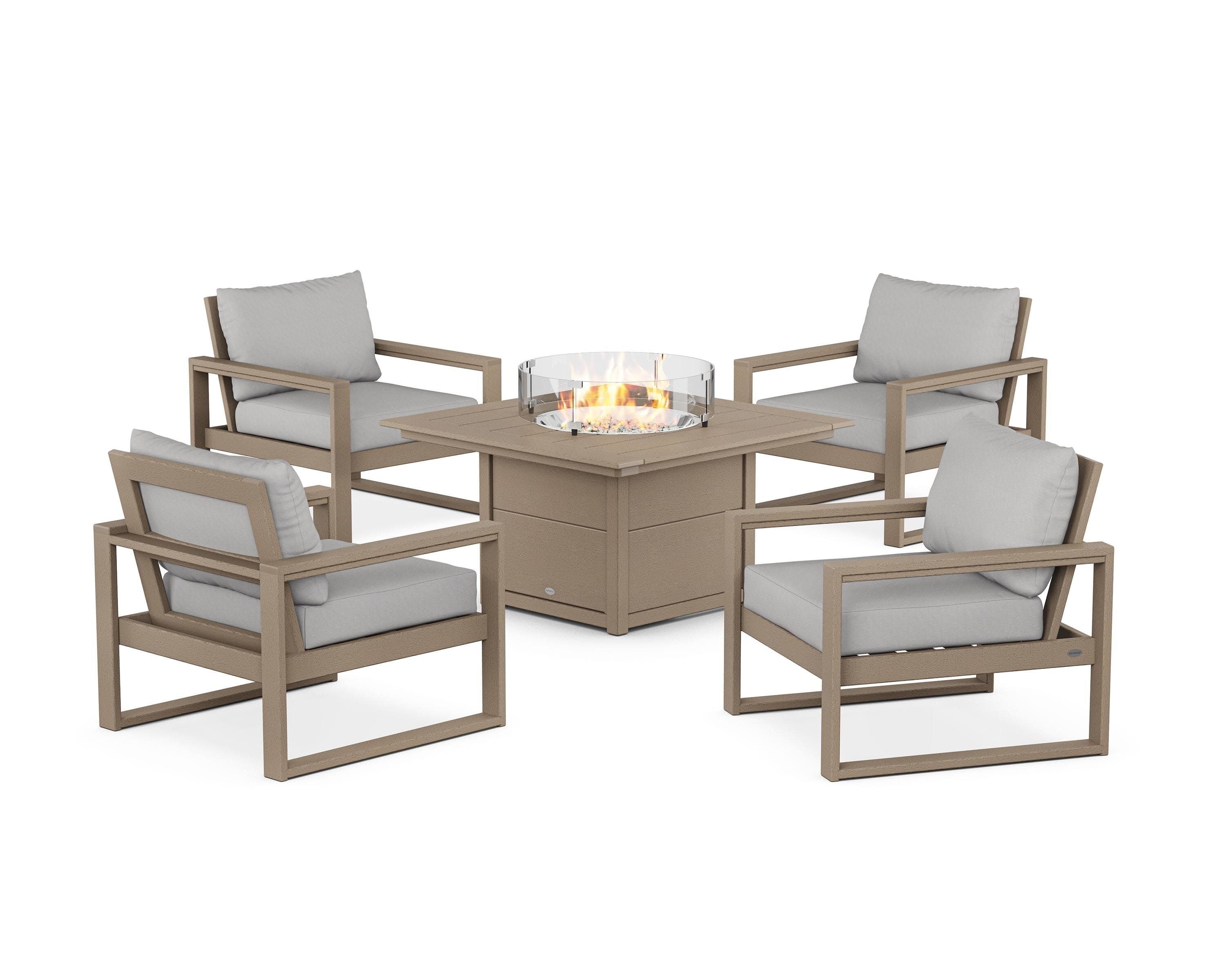 EDGE Sectional 5-Piece Deep Seating Set with Fire Pit Table in Vintage Sahara / Diamond in the Rough