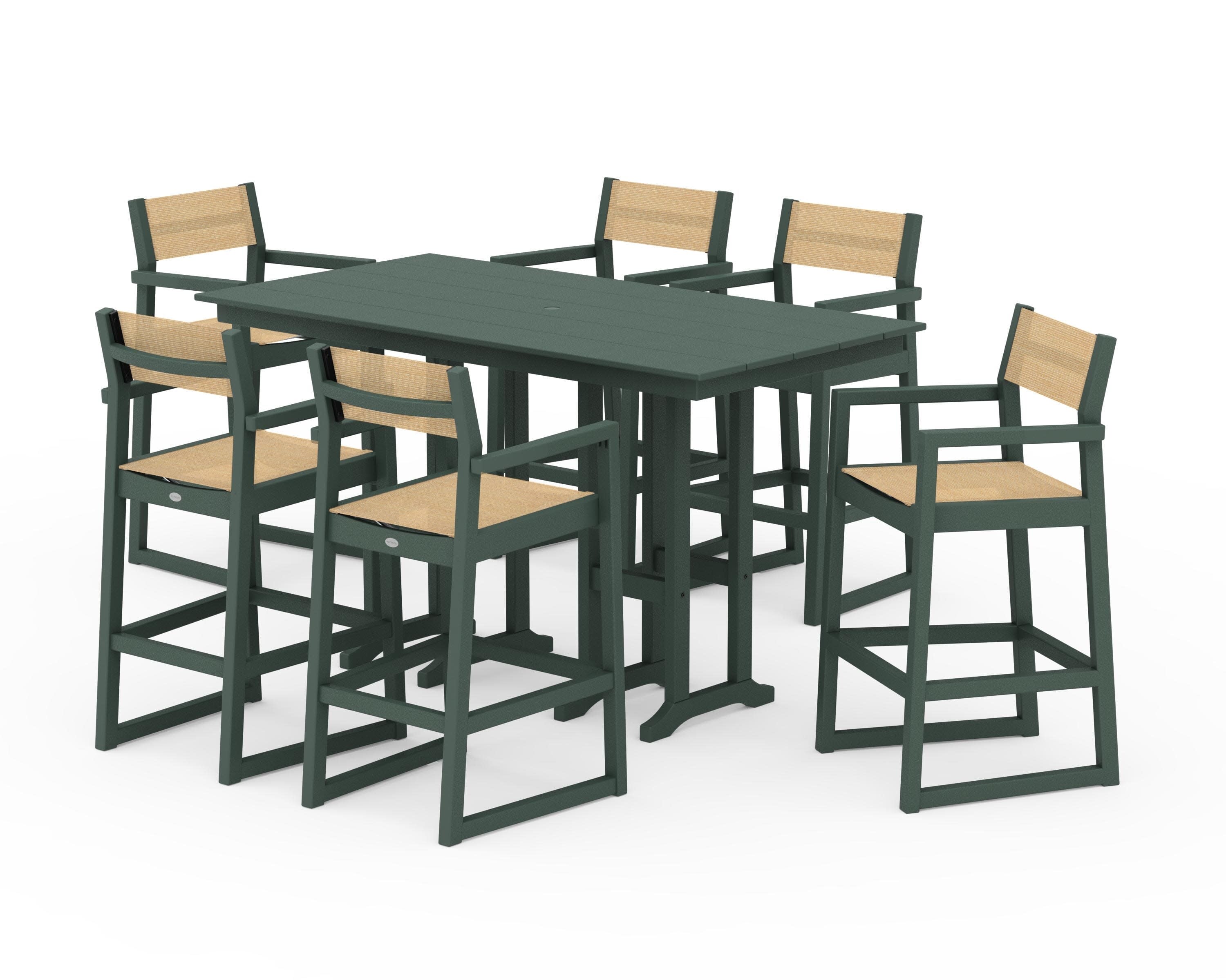 EDGE Sling Arm Chair 7-Piece Farmhouse Bar Set in Green / Dupioni Apricot Sling