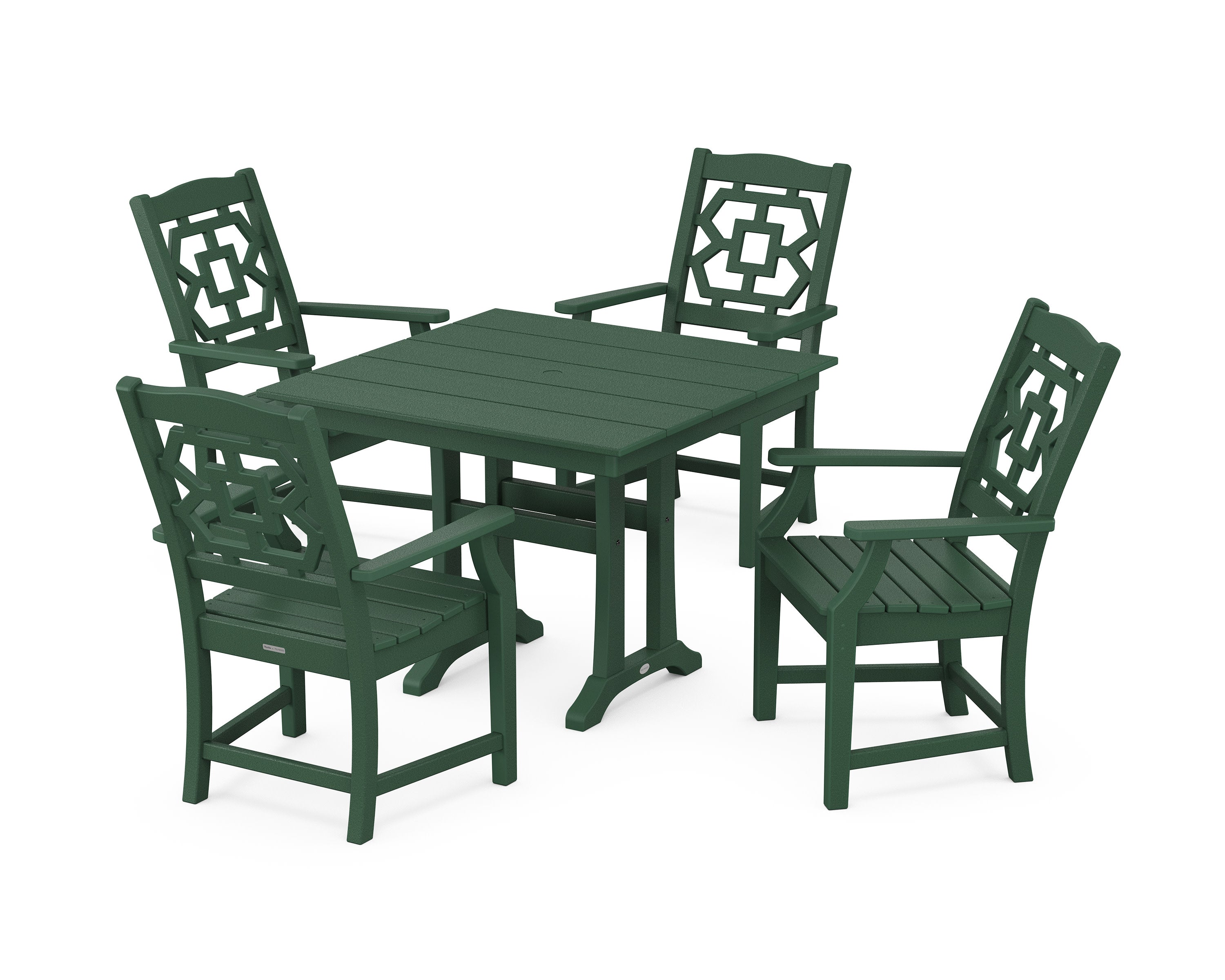 Chinoiserie 5-Piece Farmhouse Dining Set with Trestle Legs in Green