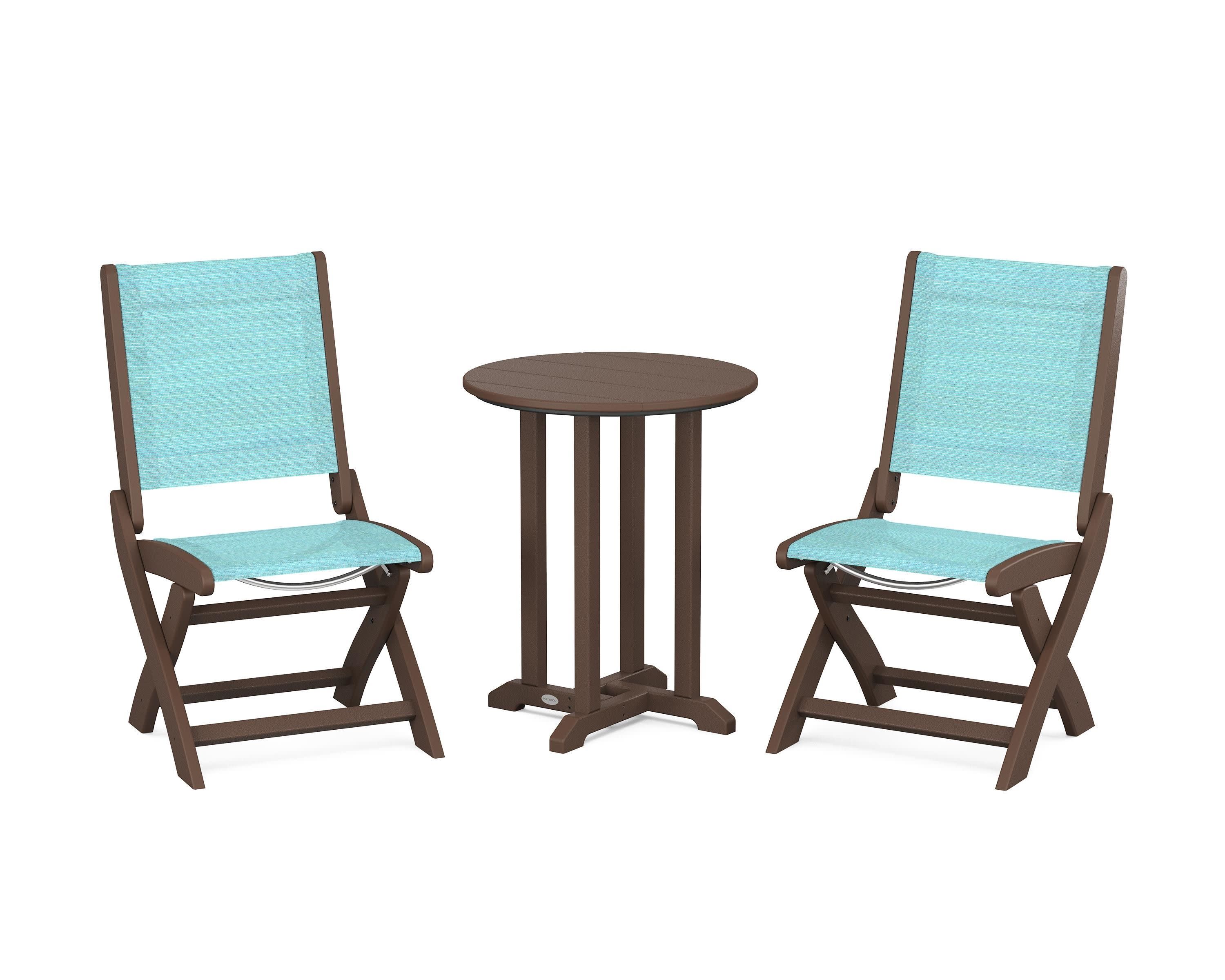 Coastal Folding Side Chair 3-Piece Round Bistro Dining Set in Mahogany / Dupioni Aquamarine Sling