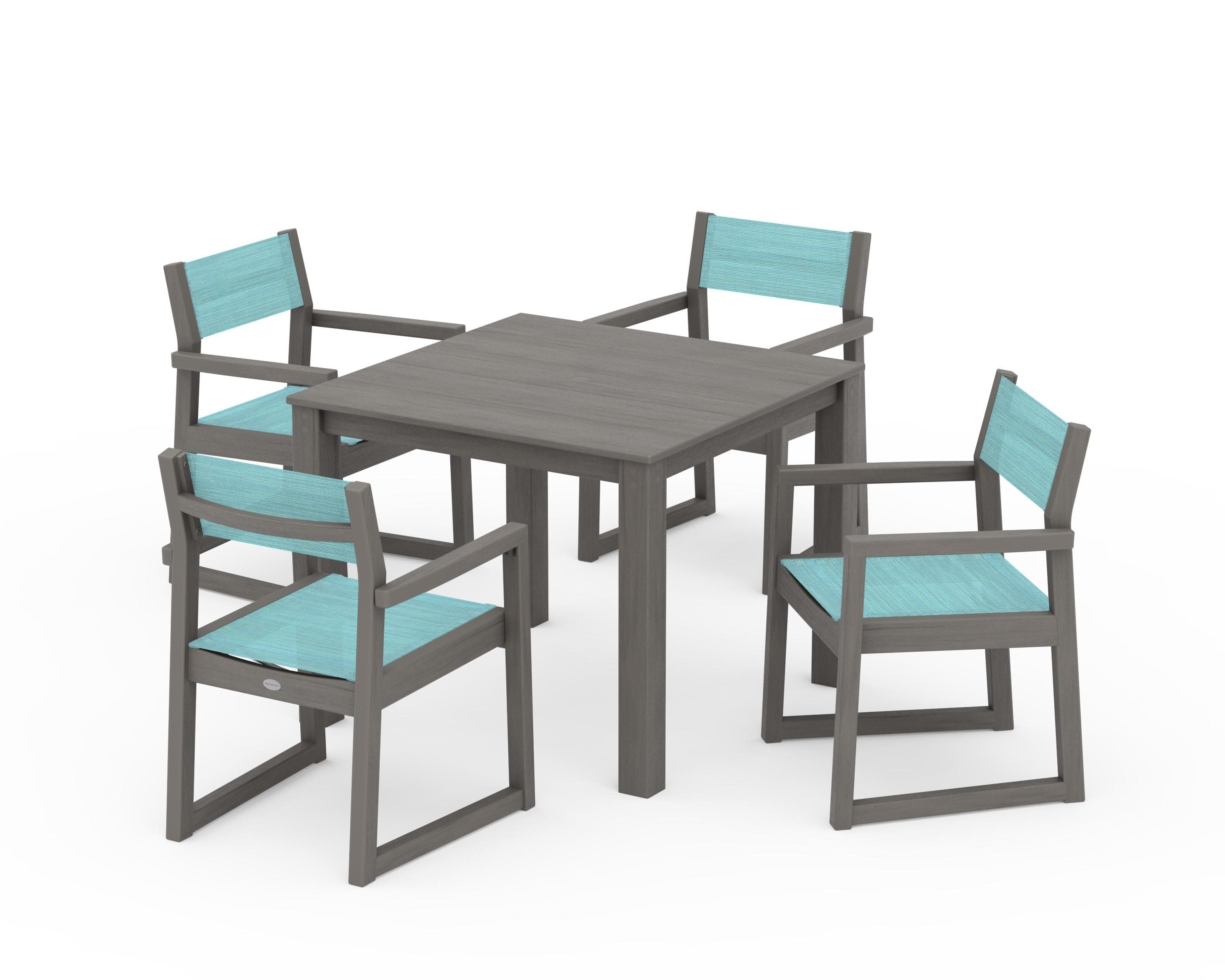 EDGE Sling Arm Chair 5-Piece Parsons Dining Set in Driftwood / Dupioni Aquamarine Sling
