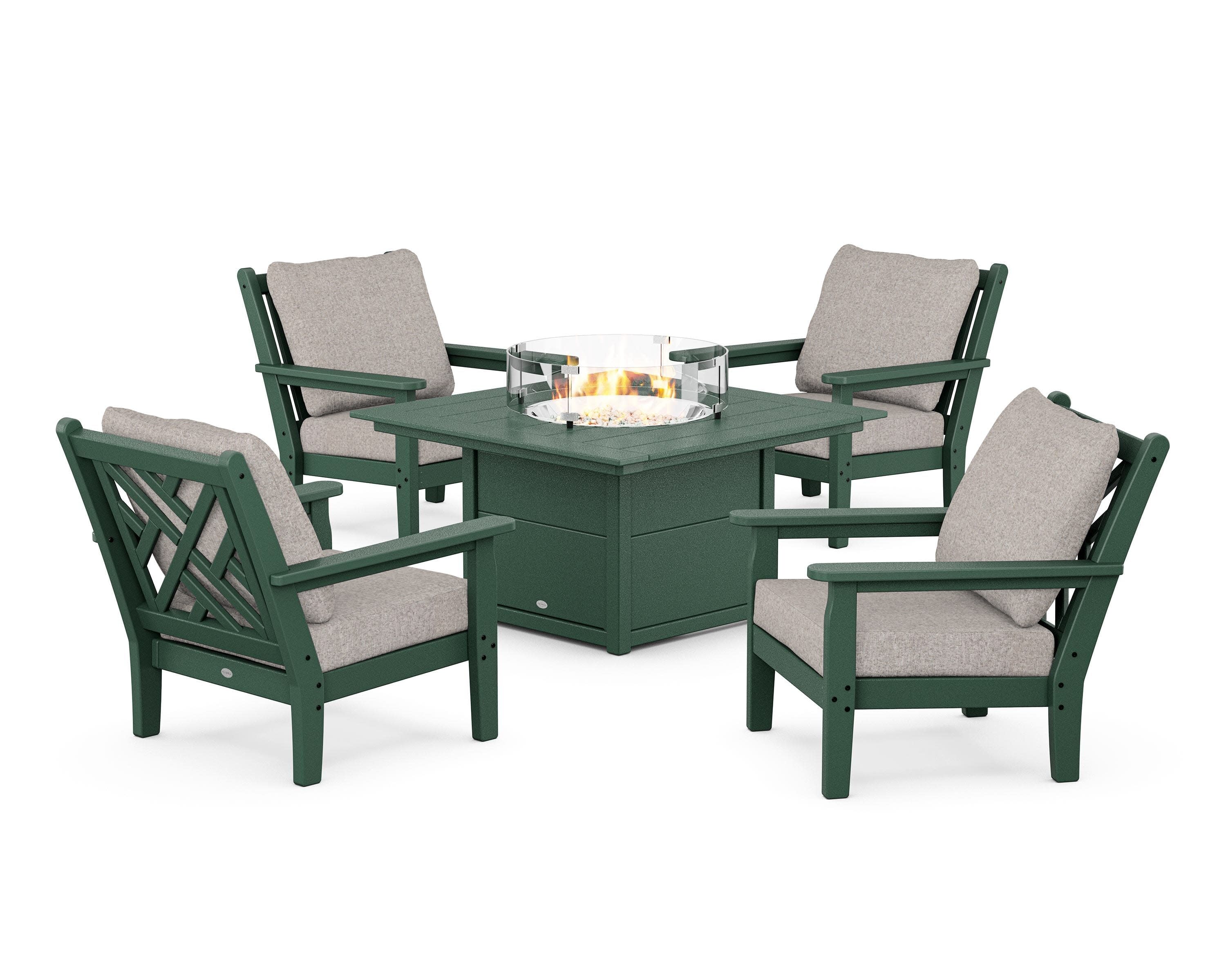 Chippendale 5-Piece Deep Seating Set with Fire Pit Table in Green / Weathered Tweed