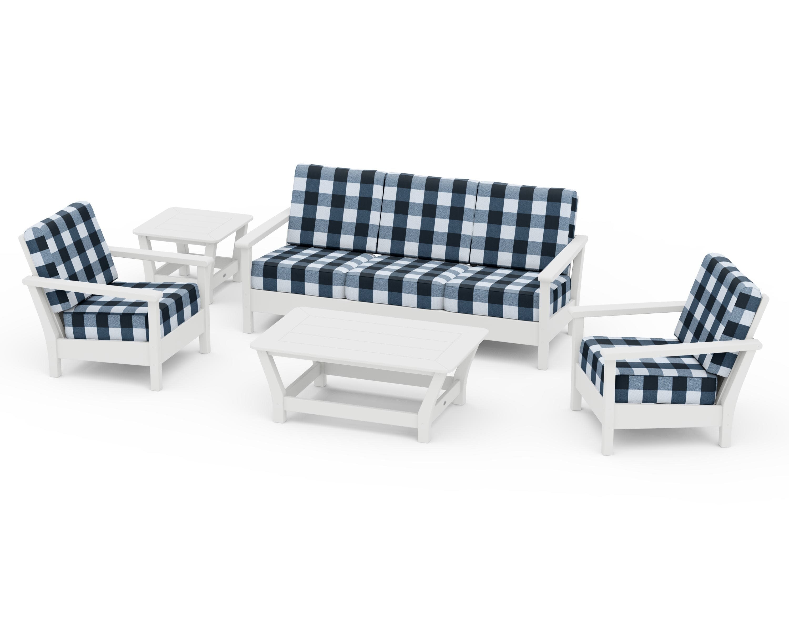 Harbour 5-Piece Deep Seating Set in White / Buffalo Plaid Marine Indigo